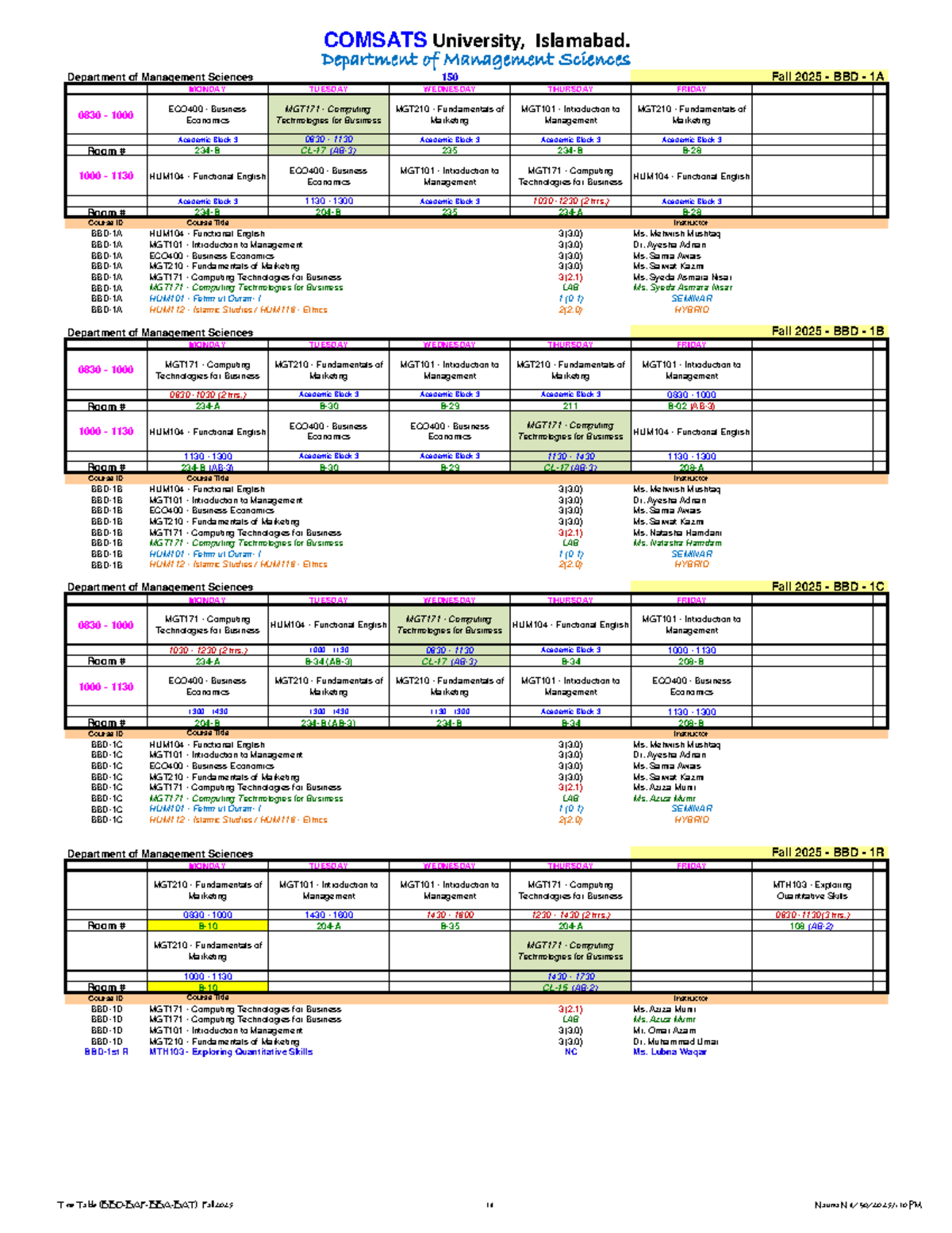 Management Sciences Time Table Fall 2025 (BBD - BAF - BBA - BAT - MBA ...