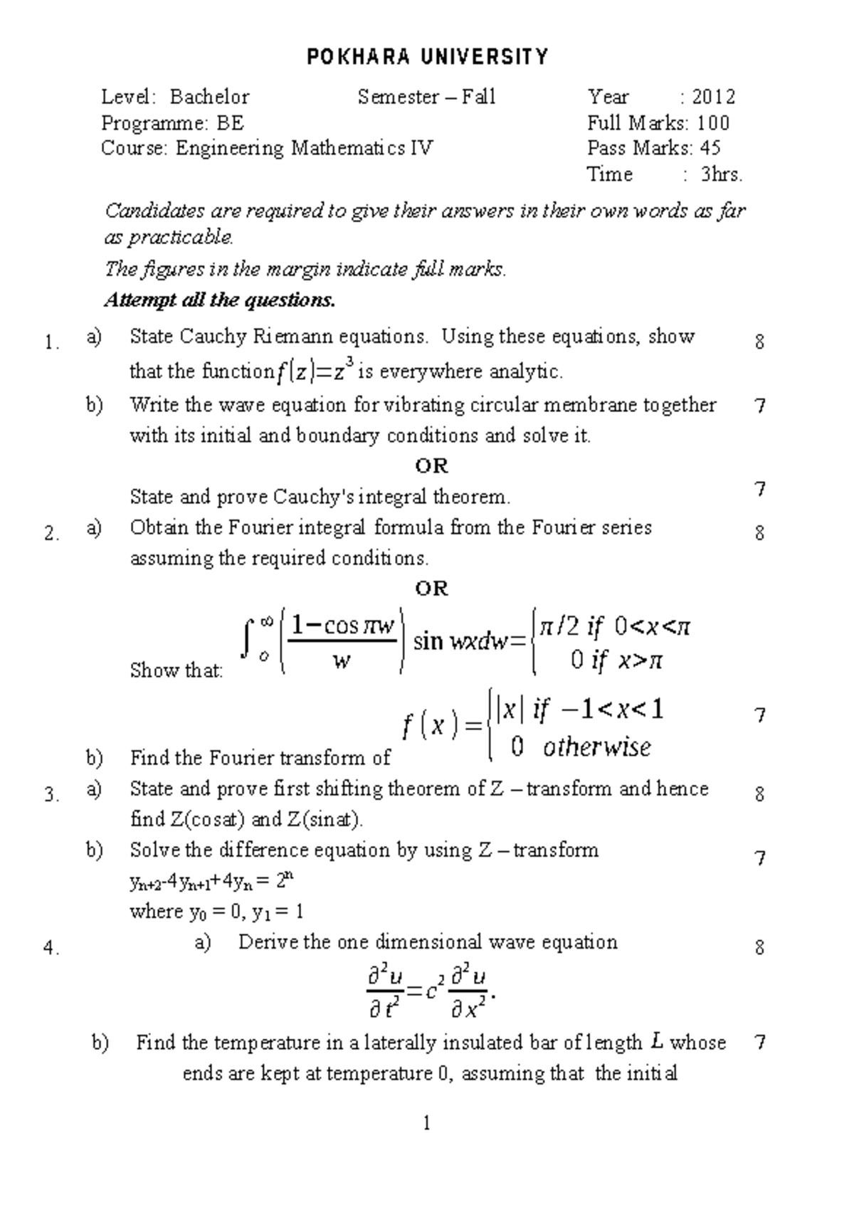 Engineering Mathematics IV - Fall 2012 Exam Paper - Studocu