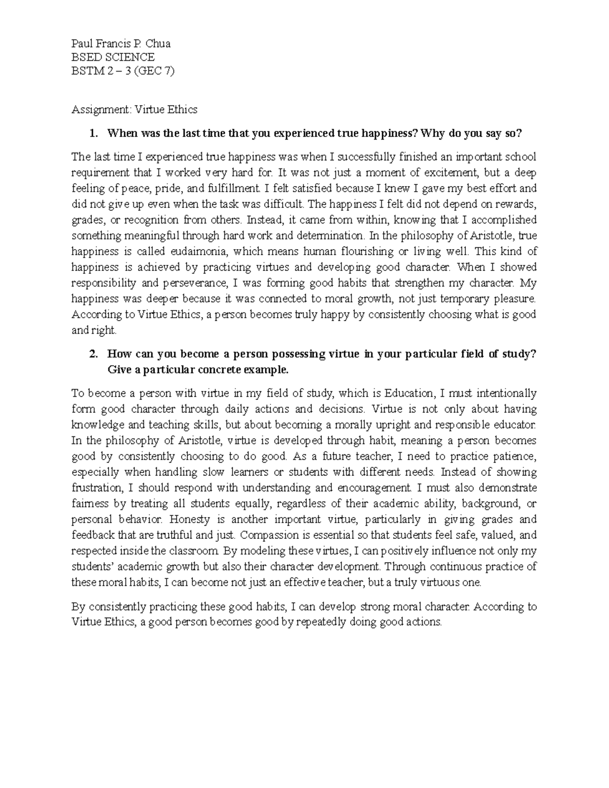 BSED SCIENCE GEC 7 Assignment: Exploring Virtue Ethics in Education ...