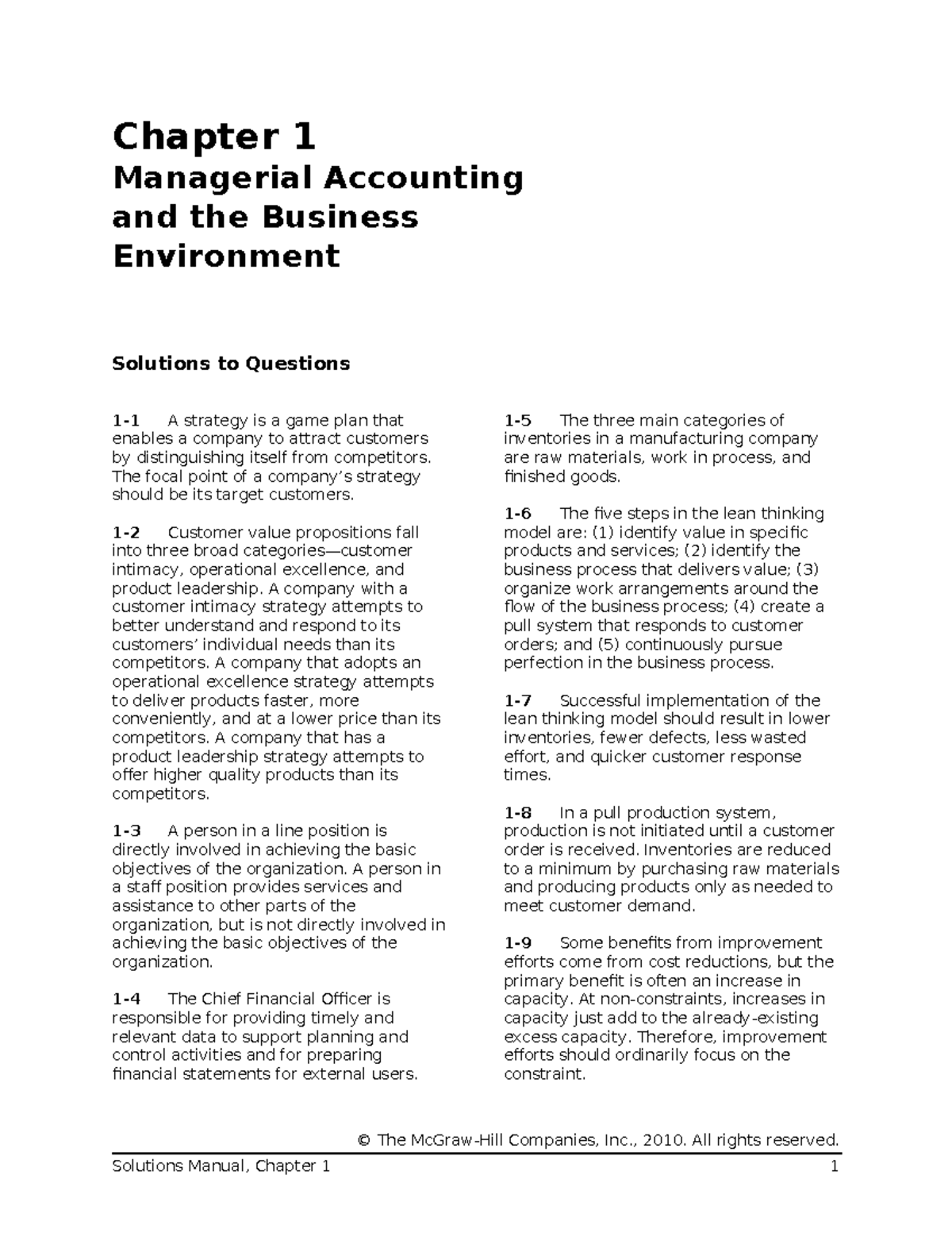 Chapter 1 Solutions Manual: Managerial Accounting Insights - Studocu