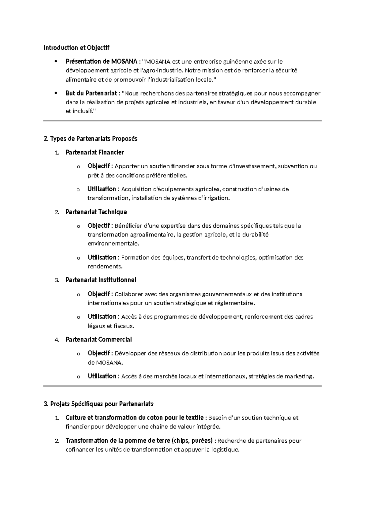 Opportunités de Partenariat Agricole : Propositions de MOSANA - Studocu