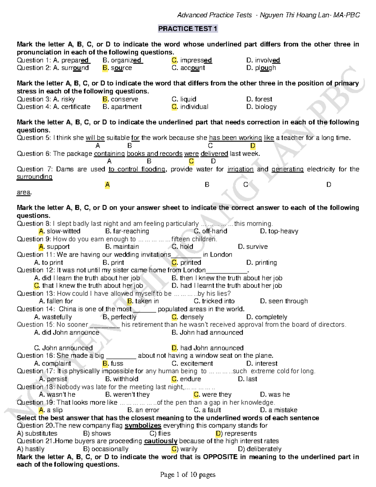 12 C1 - so difficult - PRACTICE TEST 1 Mark the letter A, B, C, or D to ...