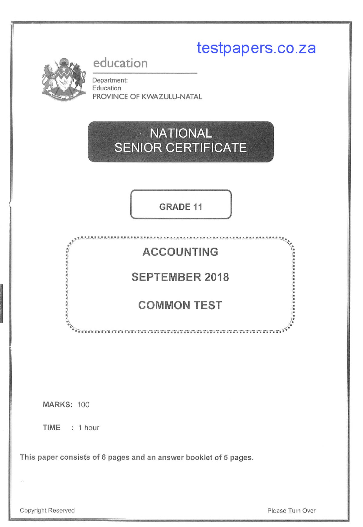Grade 11 Accounting Common Test September 2018 - QP & Memo - Studocu