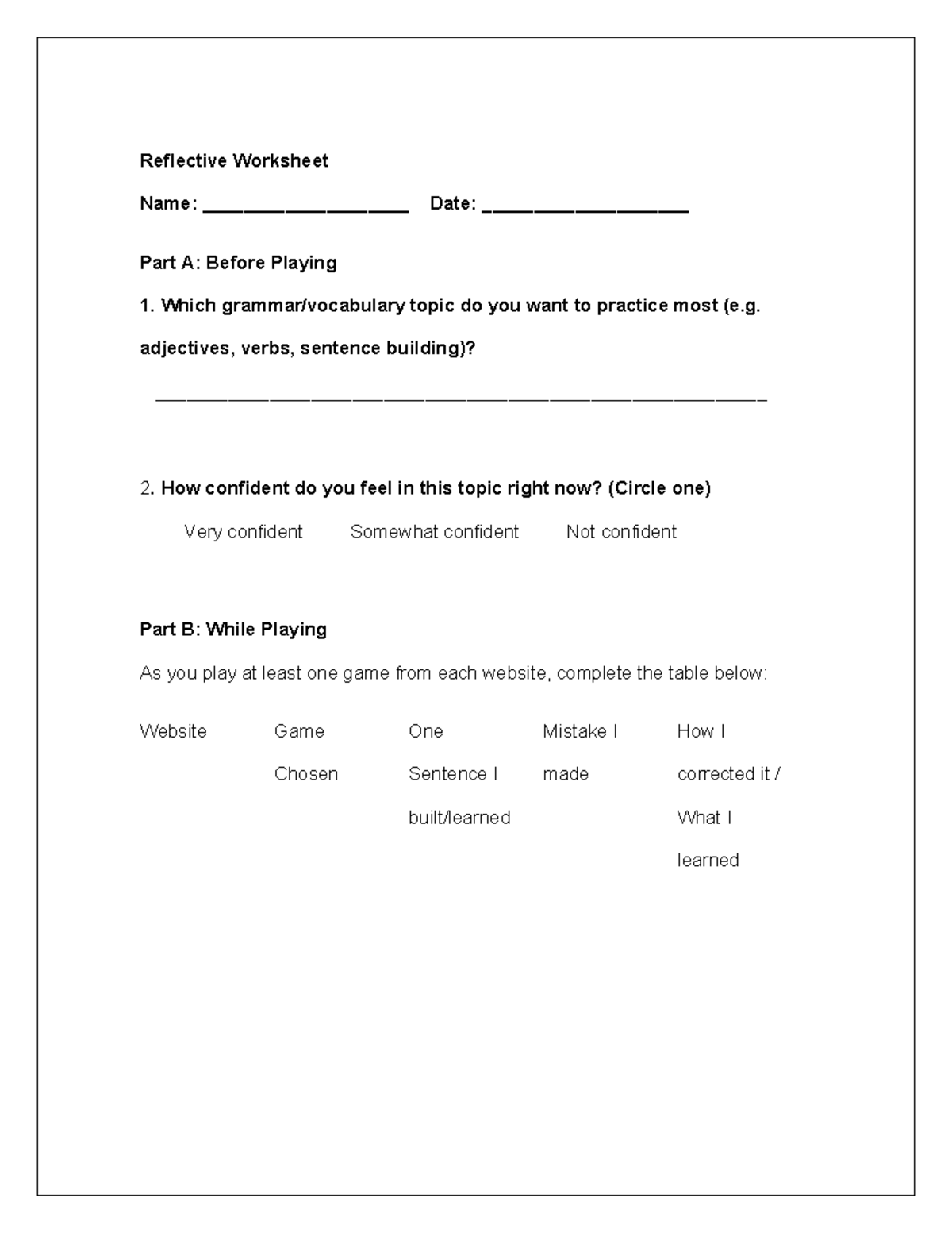 Reflective Worksheet: Game Practice & Learning Insights - Studocu
