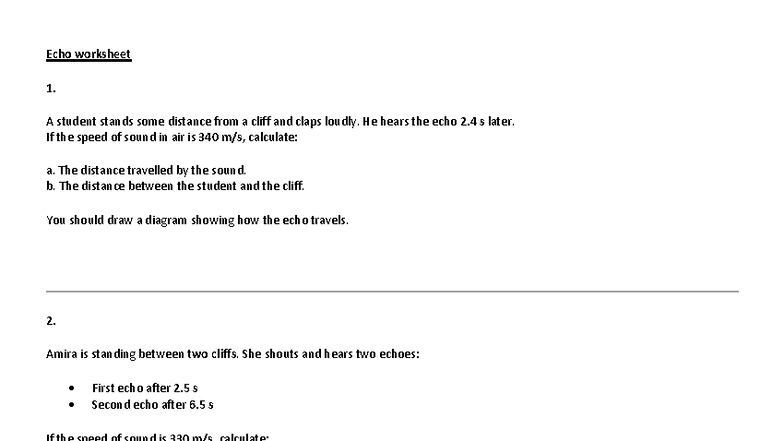 Echo Worksheet 1: Sound Travel Calculations and Diagrams - Studocu