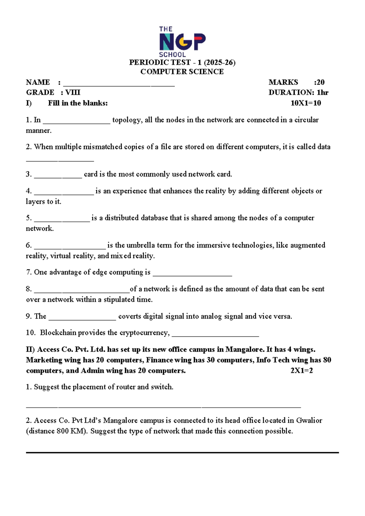 Grade 8 Computer Science Periodic Test 1 - QP - Studocu