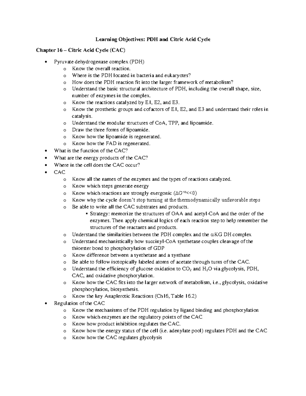 Learning Objectives: PDH and Citric Acid Cycle (CAC) - Chapter 16 - Studocu
