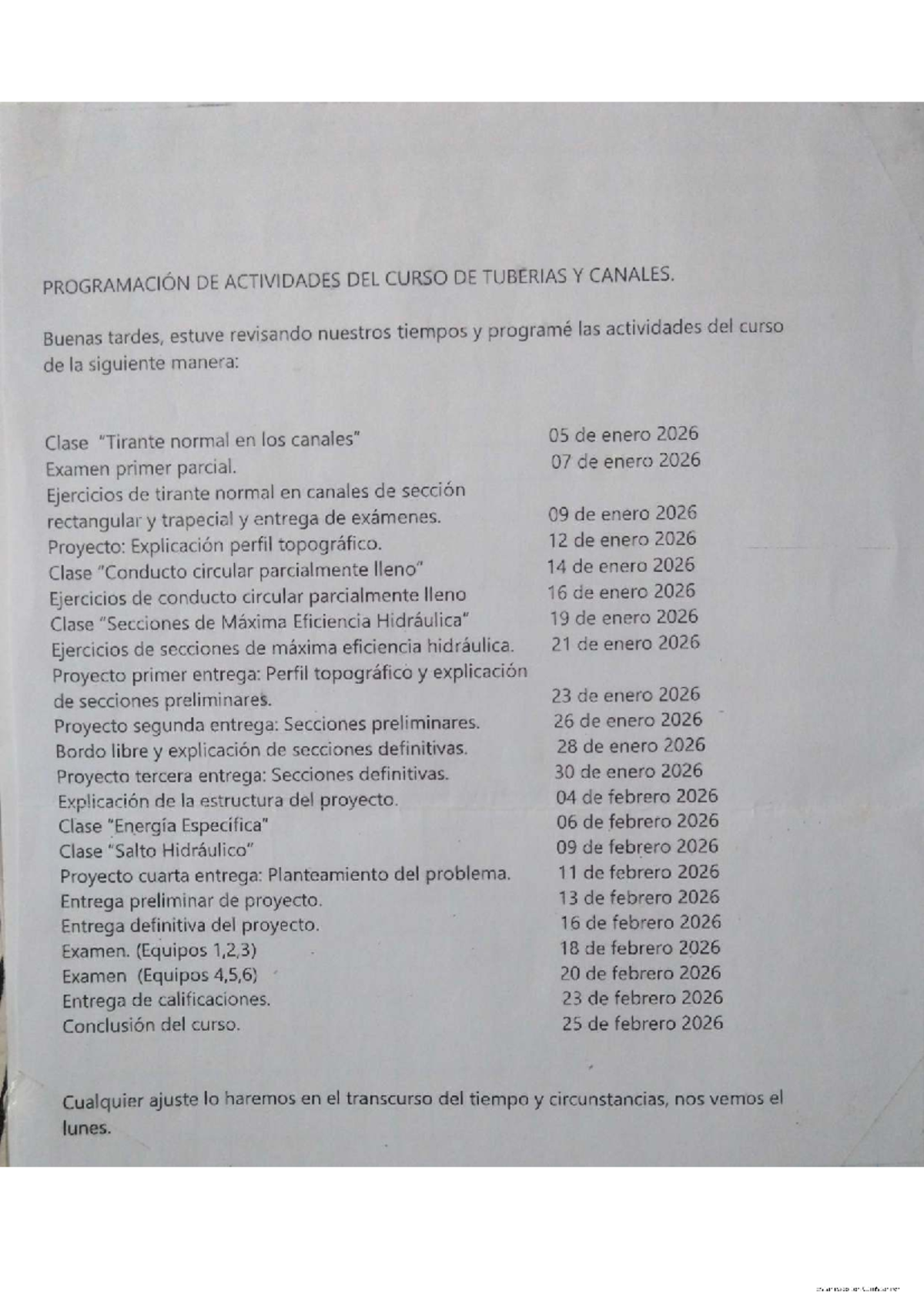 PROGRAMACIÓN DE ACTIVIDADES DEL CURSO 5CM10 TUBERÍAS Y CANALES - Studocu