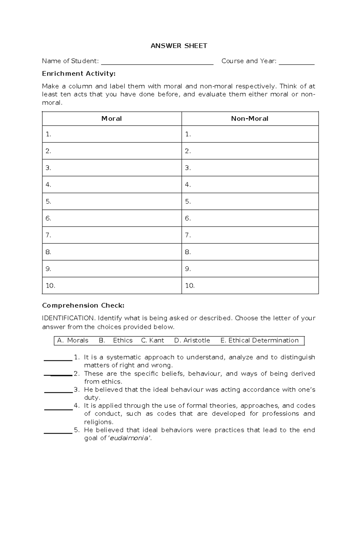 Ethics Activity - Week 1 Answer Sheet - Studocu