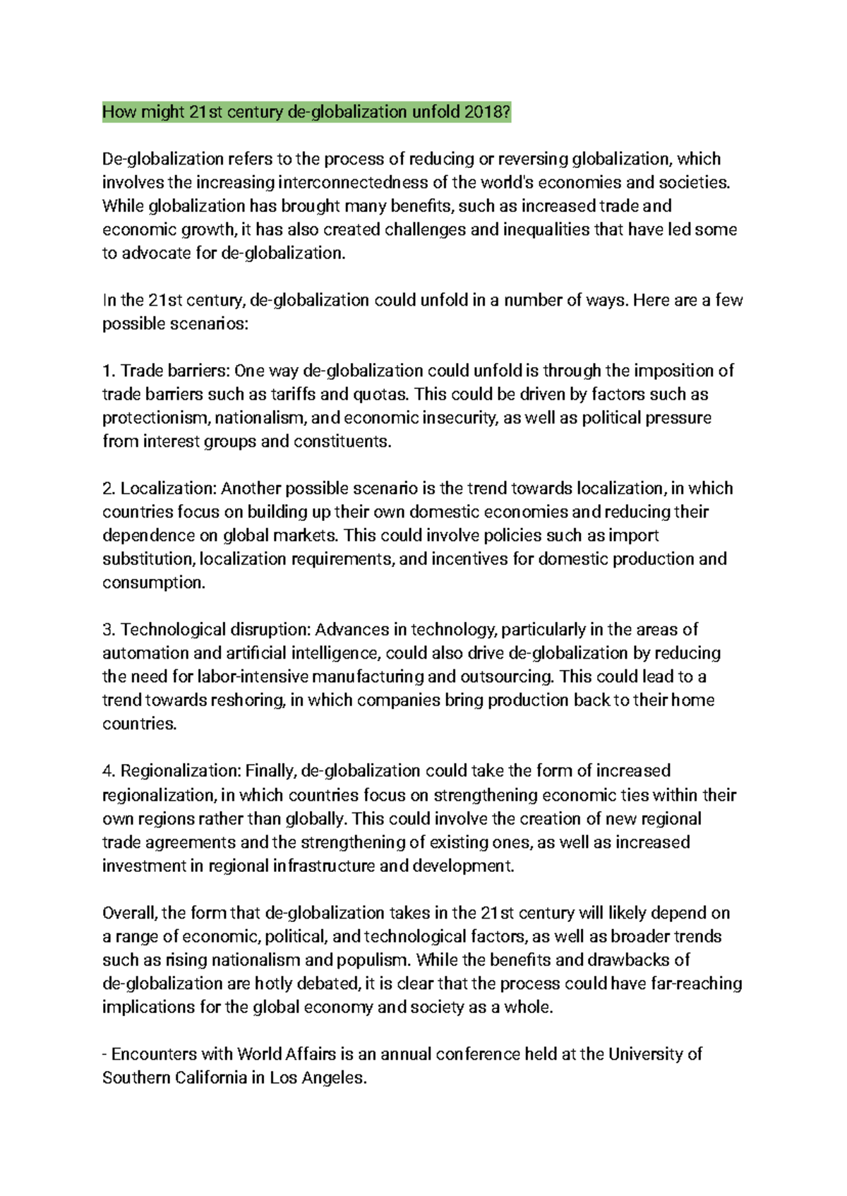 PoliSci 201 - Week 2 Lecture Notes on De-Globalization Trends - Studocu