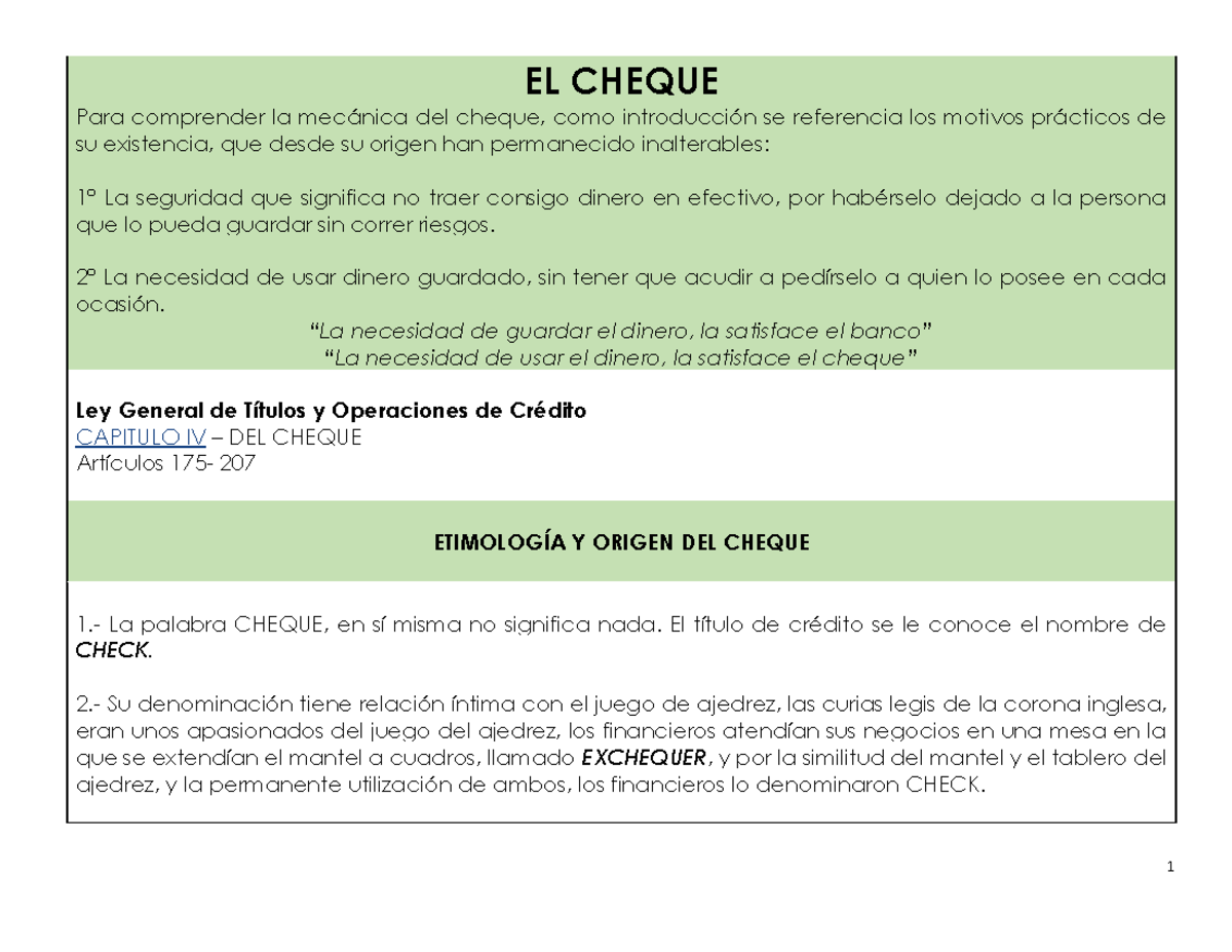 EL CHEQUE: Mecánica, Elementos y Aspectos Legales (Resumen) - Studocu