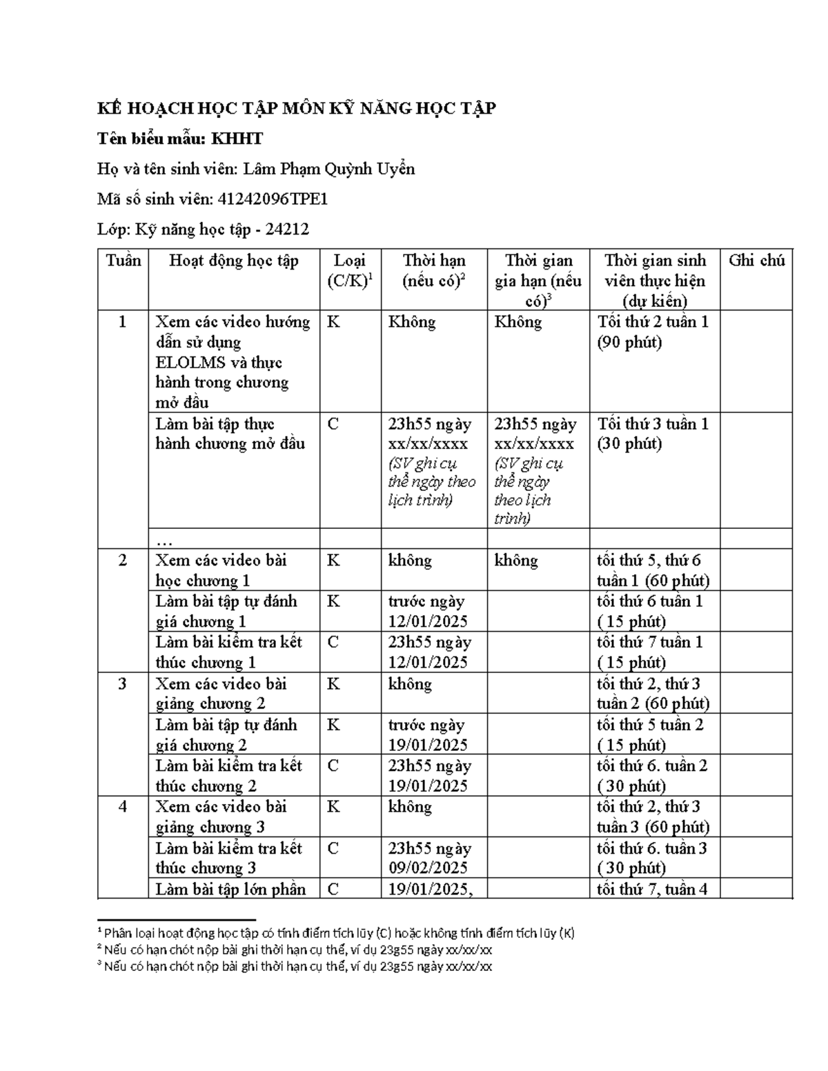 Kế Hoạch Học Tập Kỹ Năng Học Tập KHHT 41242096 TPE1 - Lâm Phạm Quỳnh ...