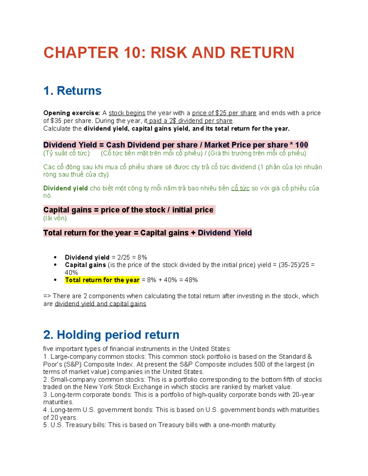 CF- Chapter 10 - CHAPTER 10: RISK AND RETURN 1. Returns Opening ...