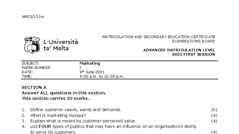MATSEC AM Level 2021 Marketing I & II Exam Paper Analysis - Studocu