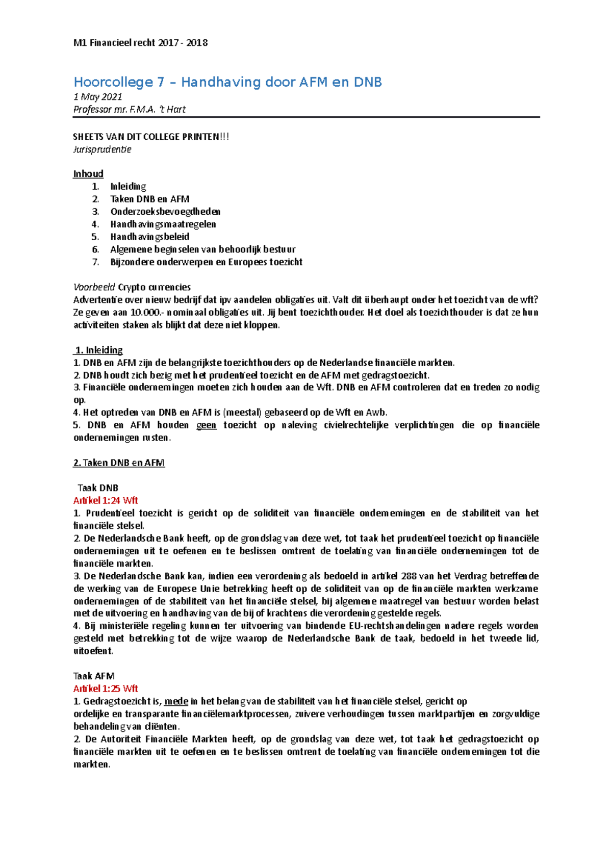 HC 7 – Handhaving door AFM en DNB: Toezicht en Jurisprudentie - Studeersnel