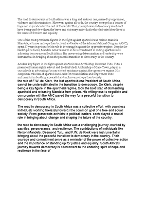 Grade 12 Revised Essay: The Road to Democracy in SA - Studocu