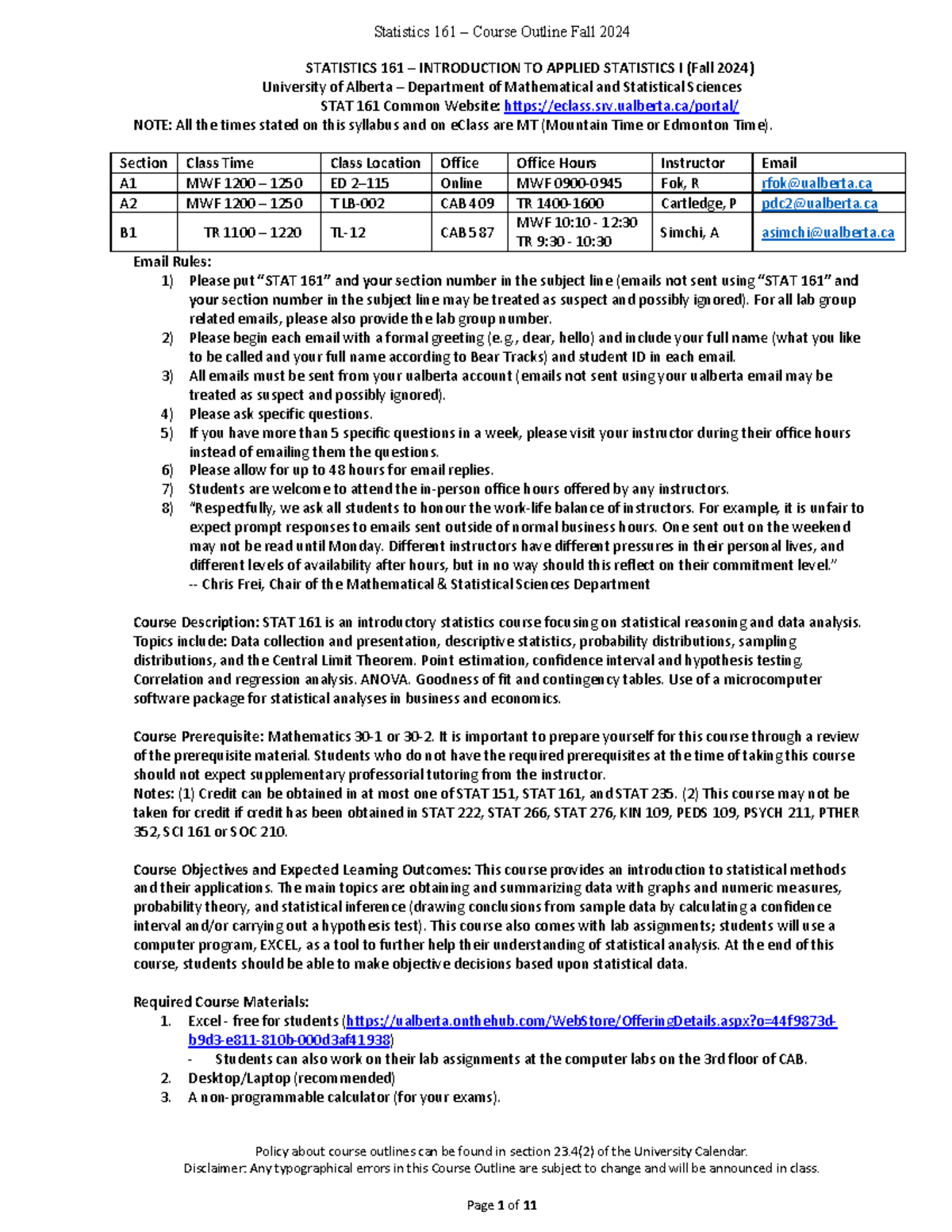 STAT 161 Course Outline - Introduction to Applied Statistics I (Fall ...