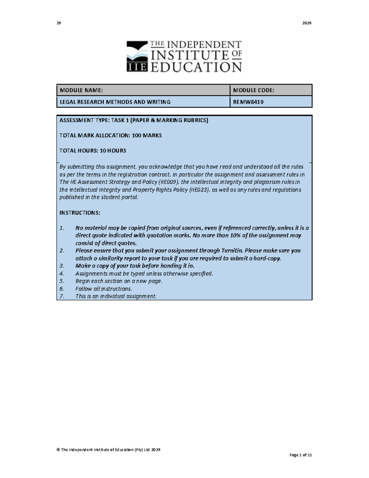 Legal Research Methods and Writing REMW8419 Task 1 Assessment Rubric ...