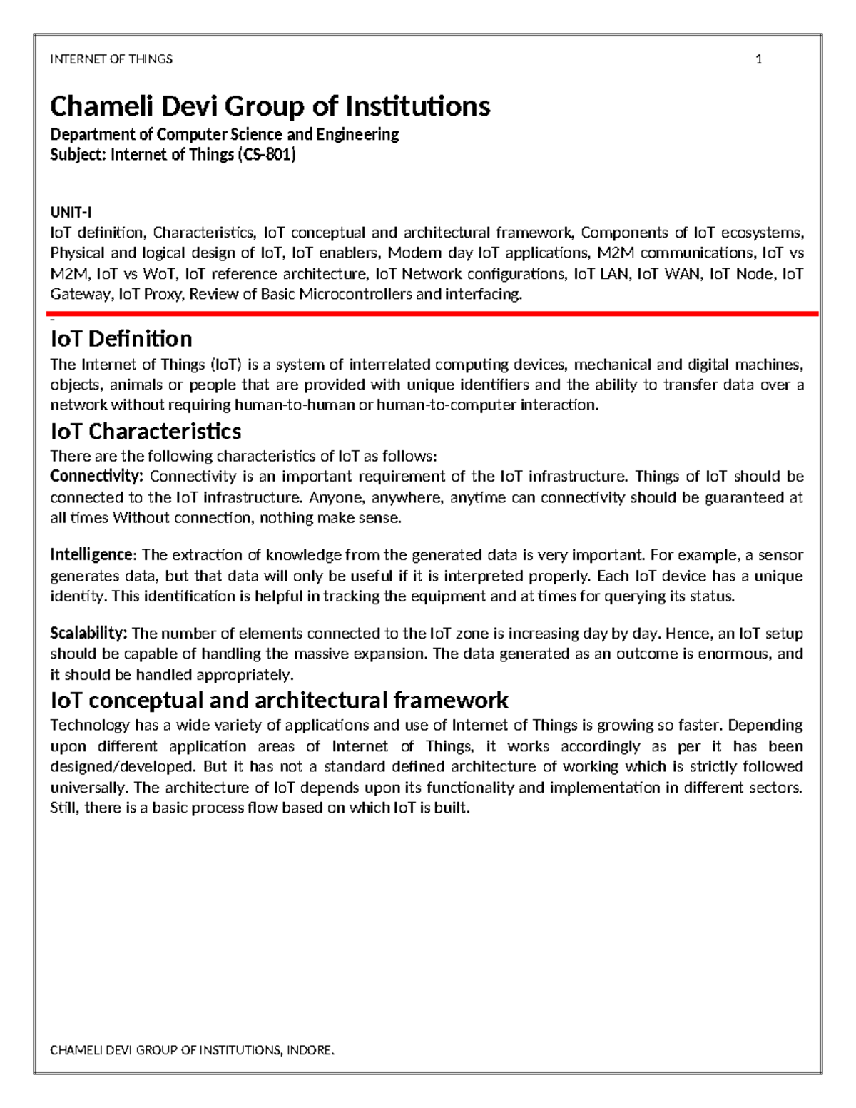 CS-801 Internet of Things: Unit I Comprehensive Notes and Overview ...