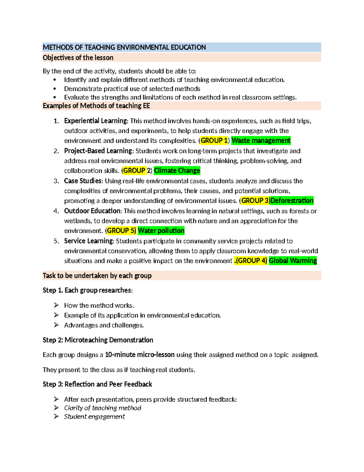 Methods of Teaching Environmental Education (EE 2) - Lesson Overview ...