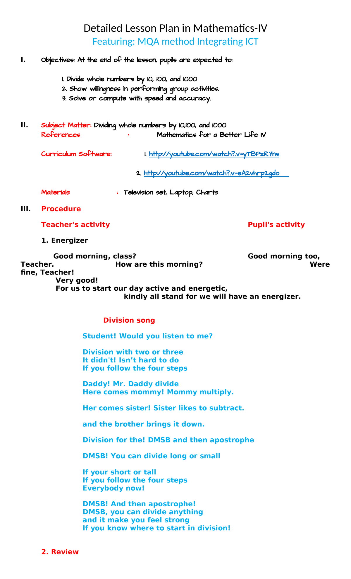 Detailed Lesson Plan in Mathematics-IV: Dividing Whole Numbers - Studocu