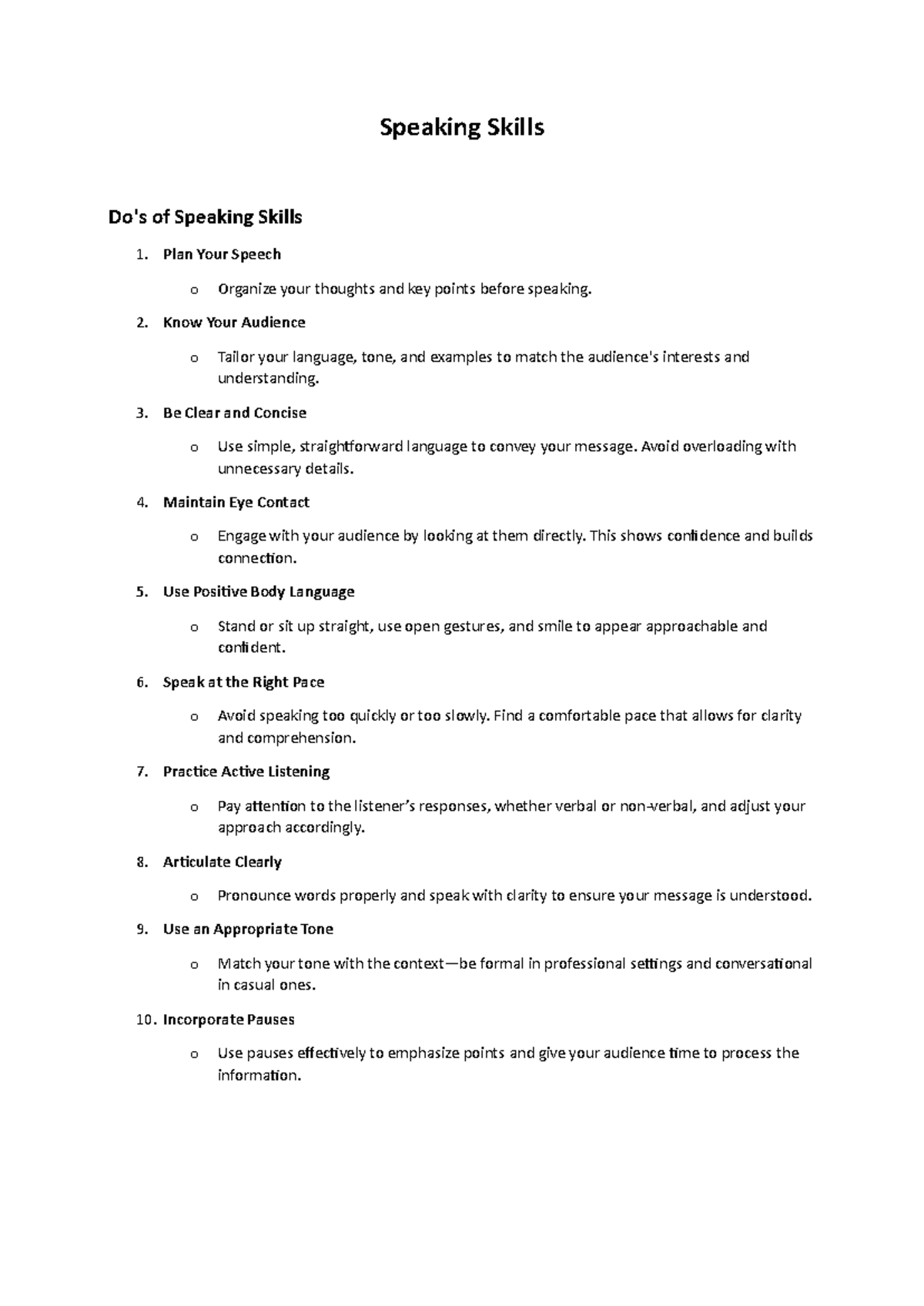 Speaking Skills Reference Material: Key Dos and Don’ts Guide - Studocu