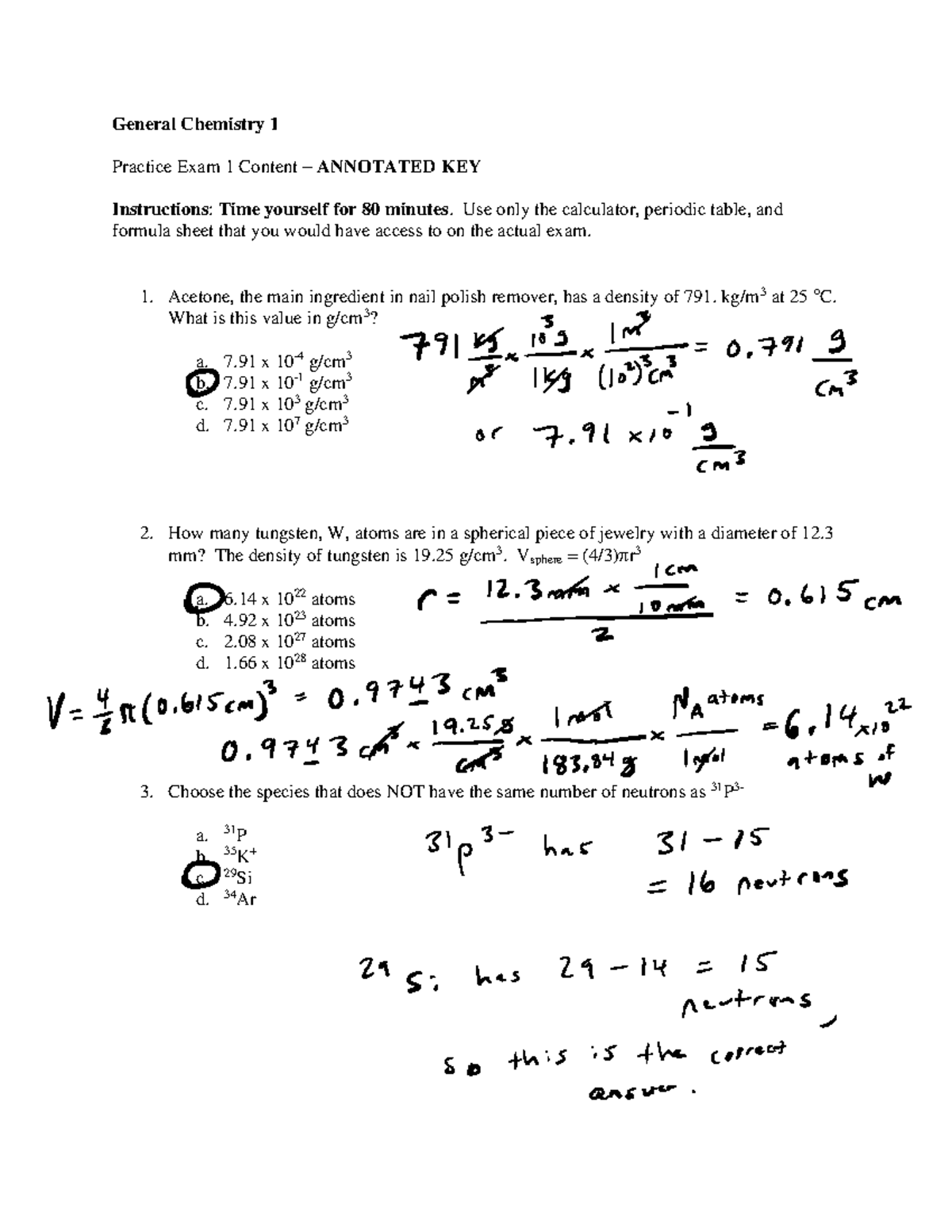 General Chemistry 1 Exam 1 Practice Key (Fall 2024) - Revised Edition ...