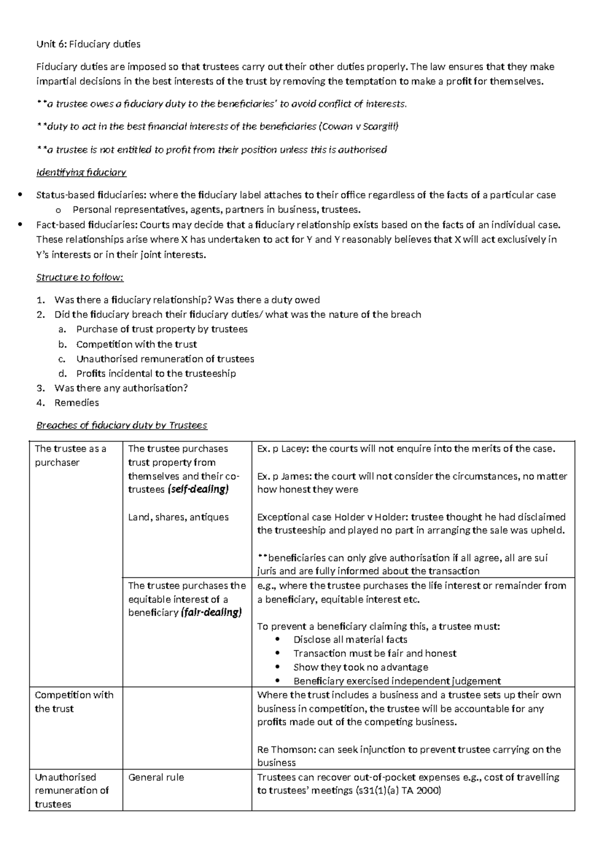Unit 6 Equity and Trusts: Comprehensive Notes on Fiduciary Duties - Studocu
