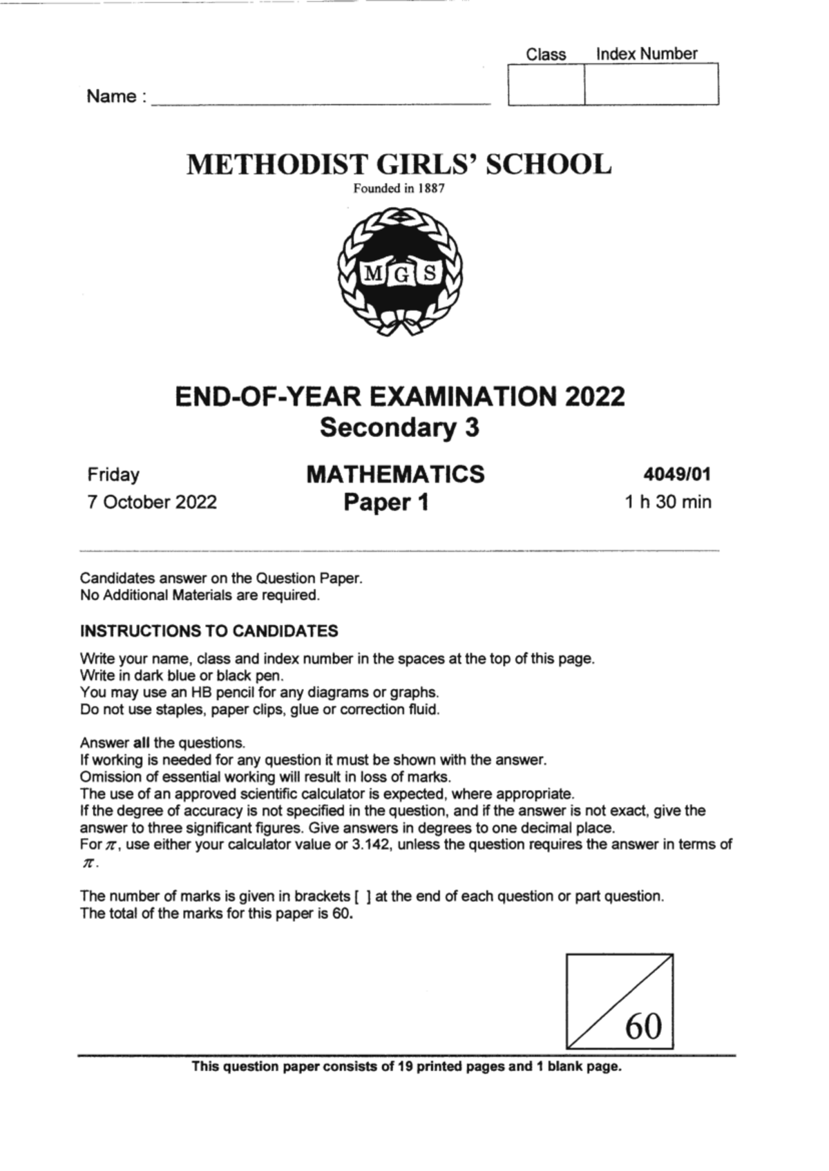 E-Math Sec 3 End-of-Year Exam SA2 2022 - Methodist Girls School - Studocu