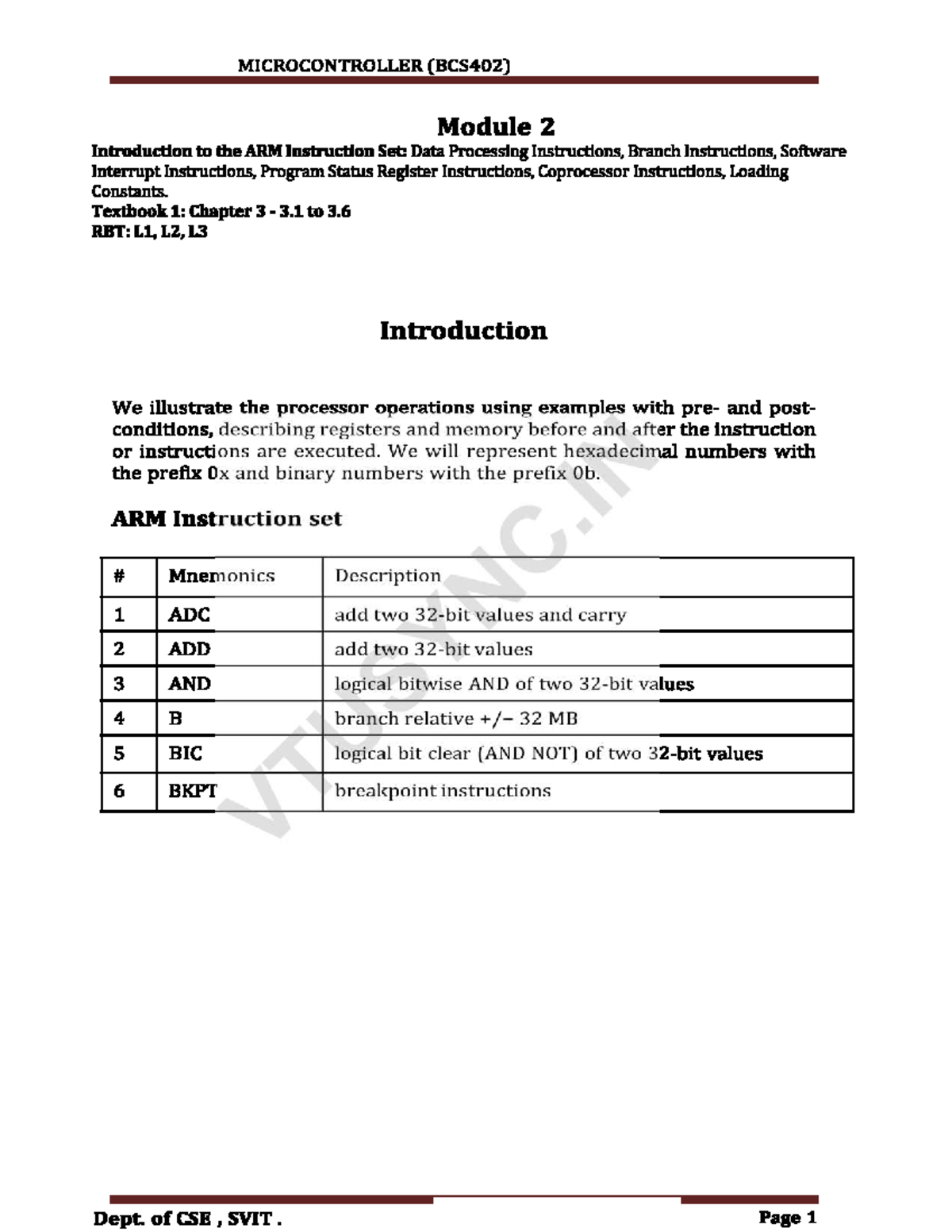 Microcontroller (BCS402) Module 2: ARM Instruction Set Overview - Studocu