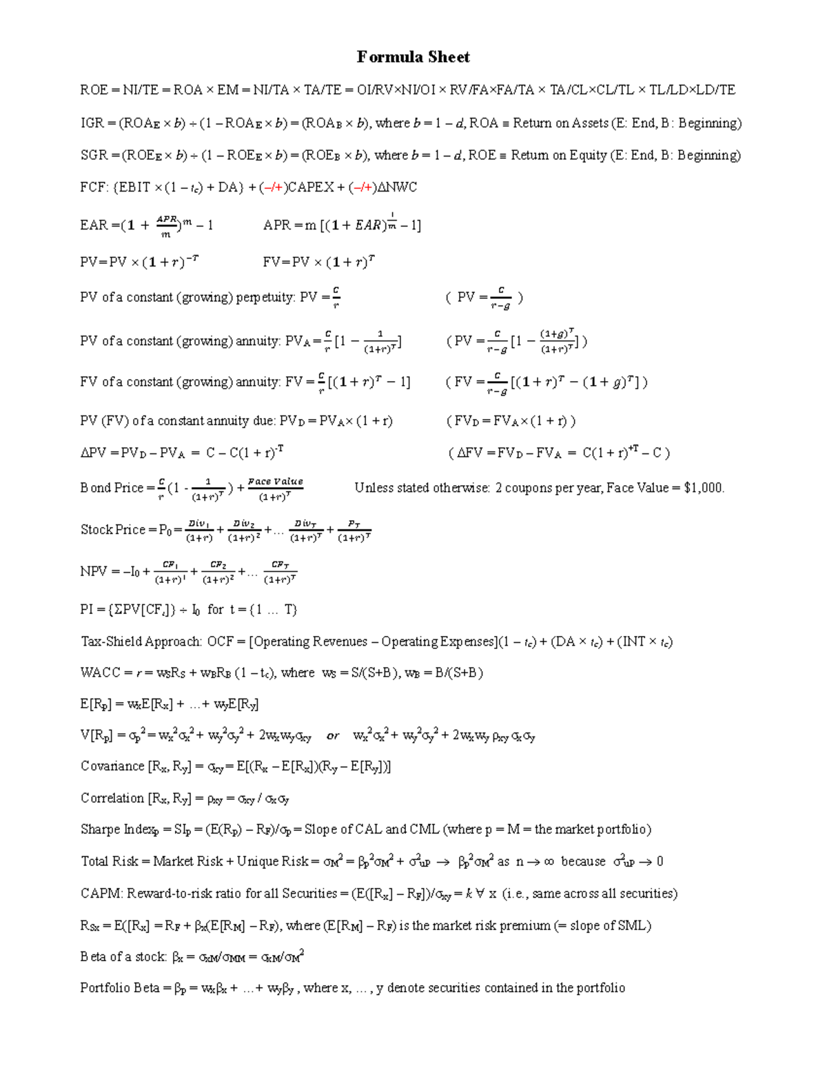 Formula Sheet for ROE, ROA, EM, IGR, and Financial Metrics (Final ...