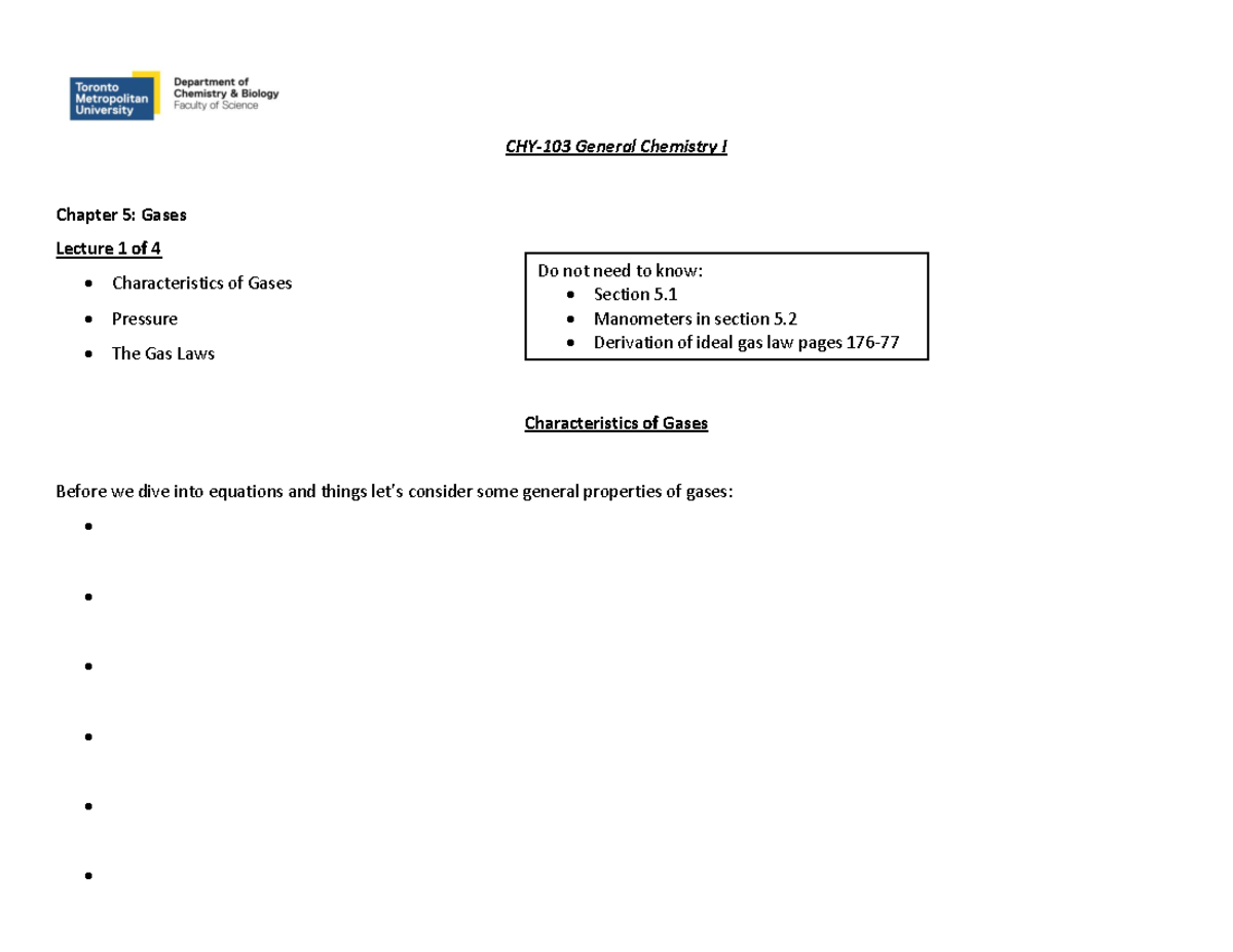 General Chemistry I CH5: Gases Lecture 1 - Characteristics & Laws - Studocu
