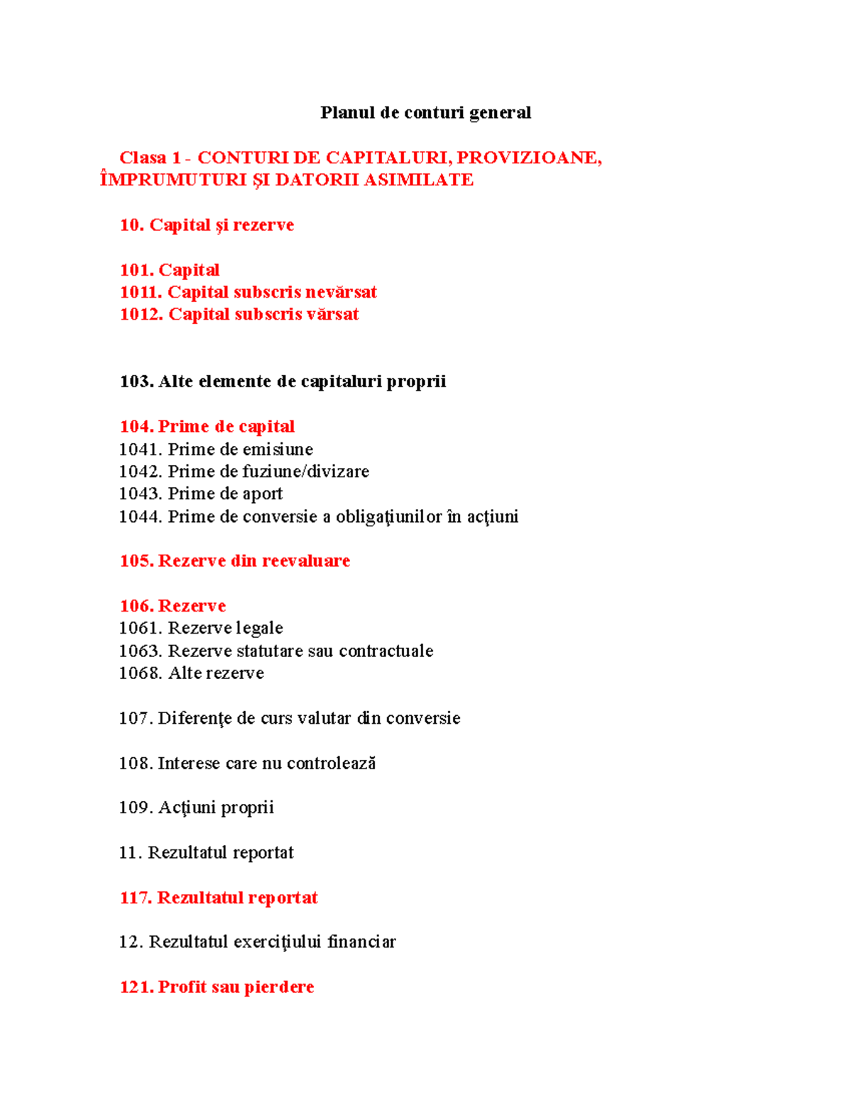 Planul de Conturi General - Clasa 1: Capitaluri, Provizioane și Datorii ...