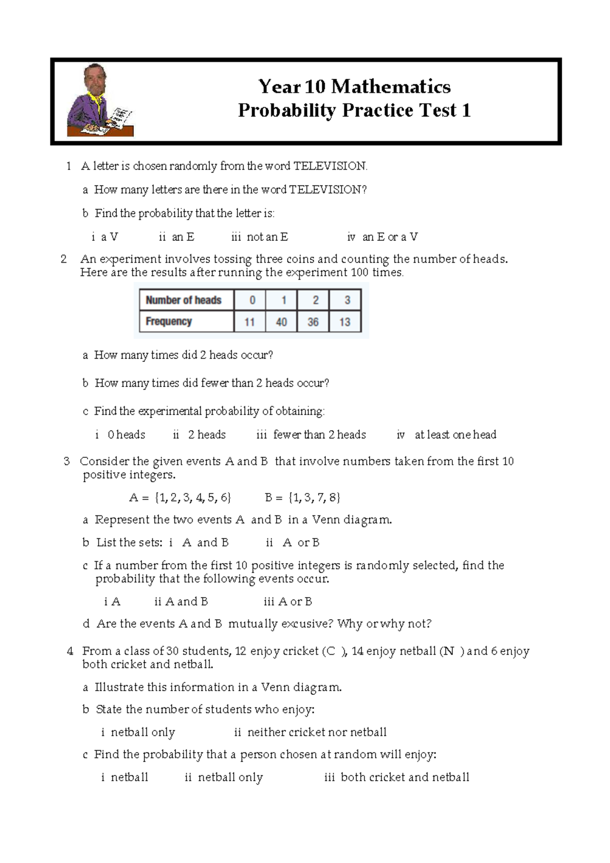 Year 10 Mathematics Probability Practice Test 1 - Studocu