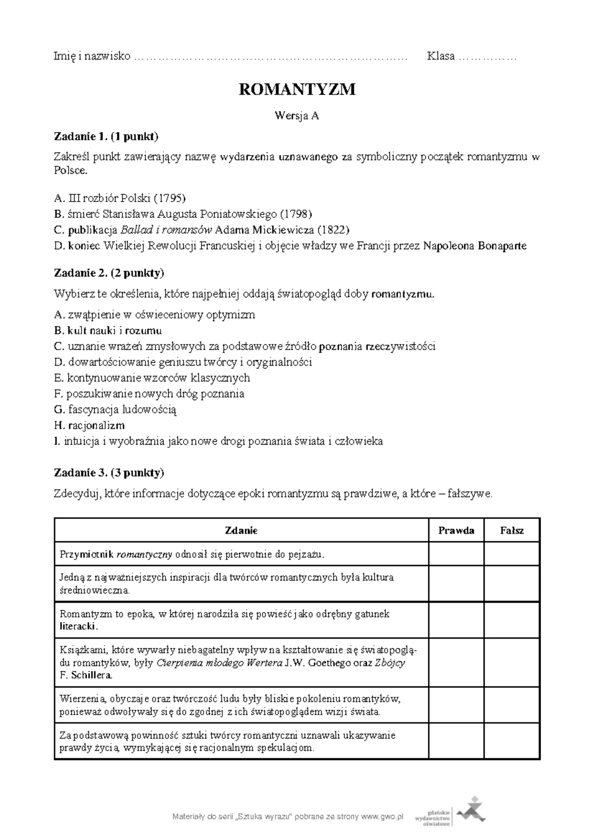 Pytania Na Sprawdzian Z Romantyzmu