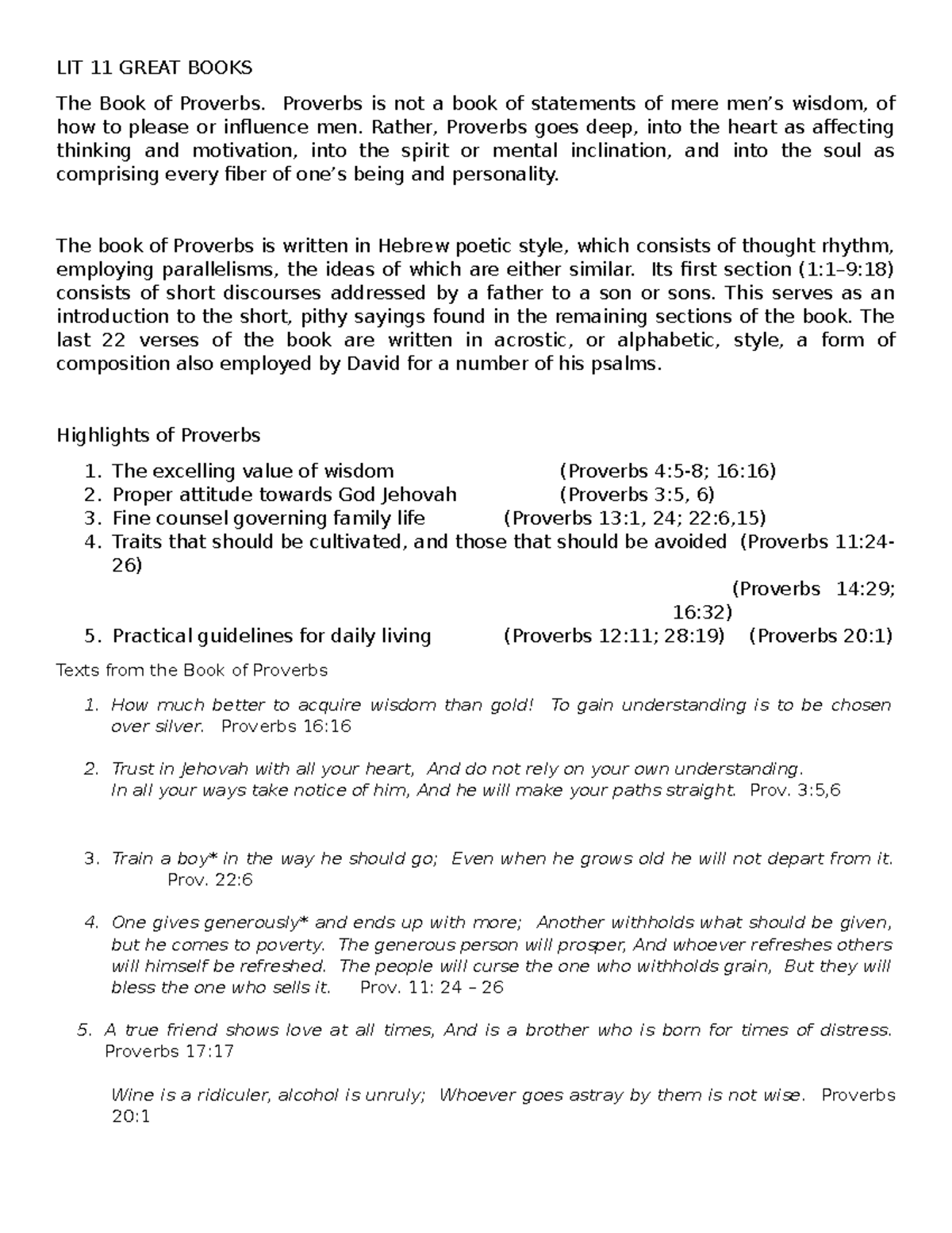 Notes on The Book of Proverbs 1 - LIT 11 GREAT BOOKS The Book of ...