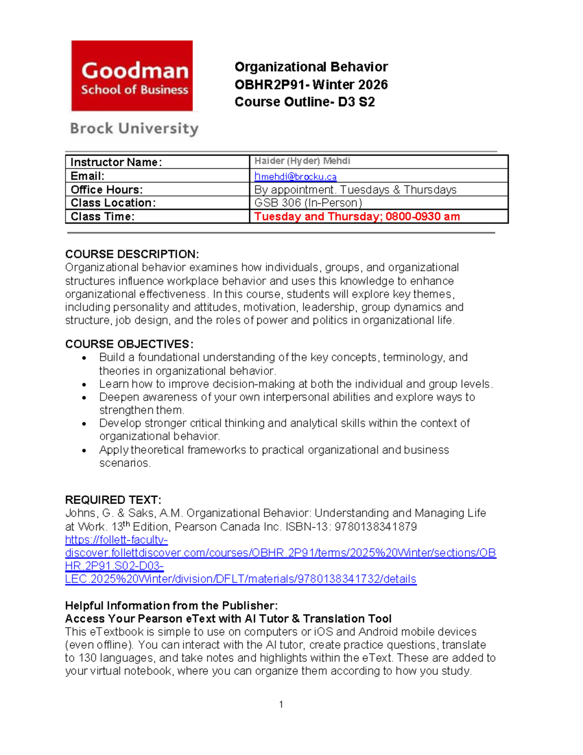 Organizational Behavior Course Outline OBHR2P91 D3 S2 Winter 2026 - Studocu