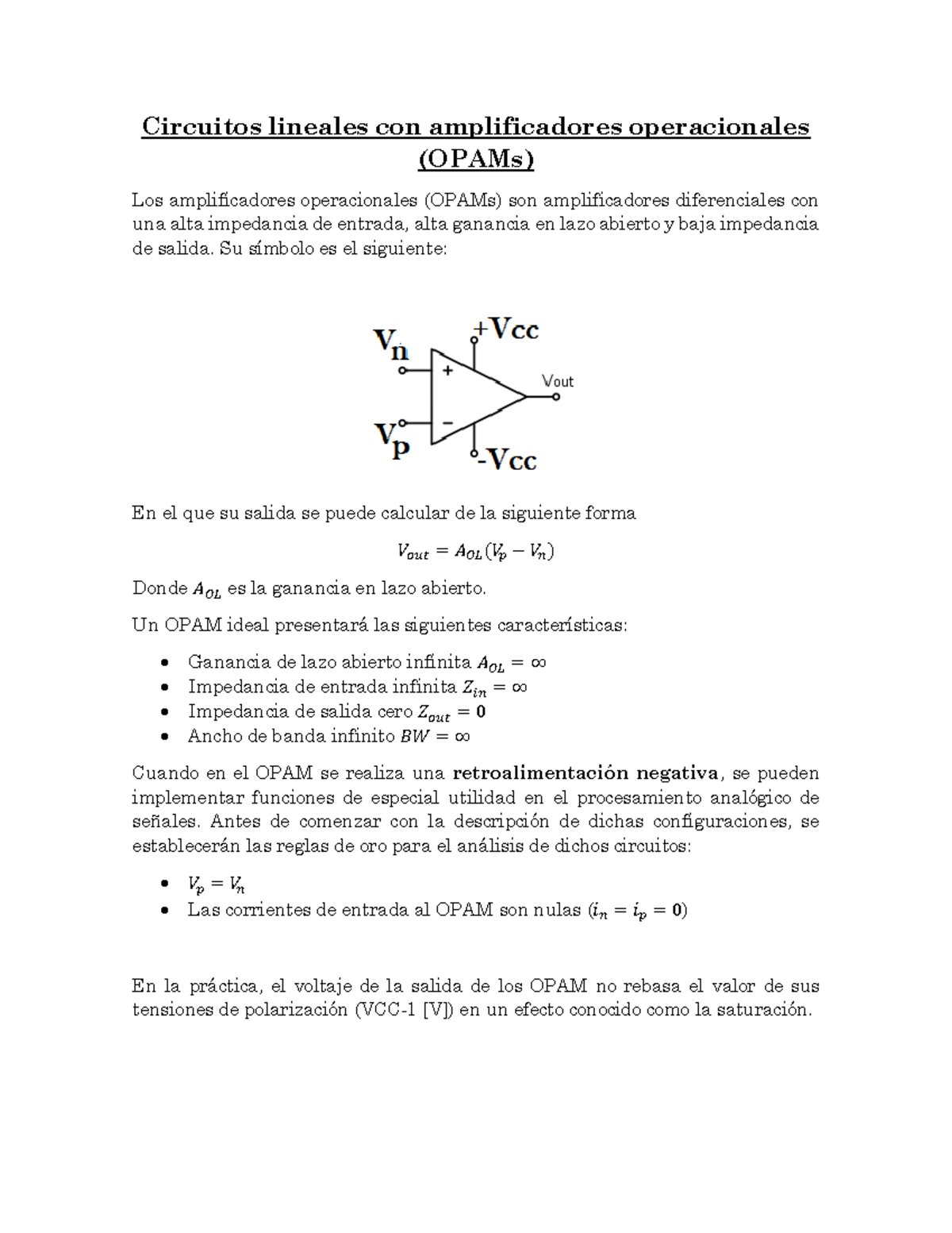 Notas de Clase sobre Amplificadores Operacionales (OPAM) y su Análisis ...