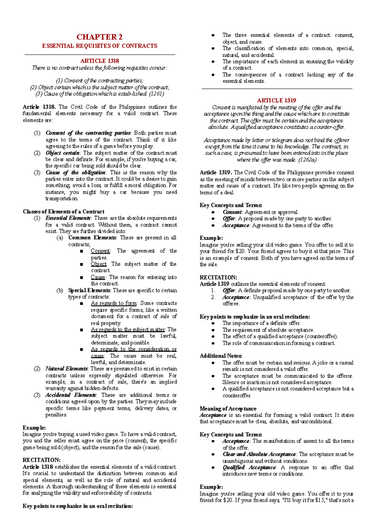 Summary of Articles on Essential Requisites of Contracts (JUST 101 ...