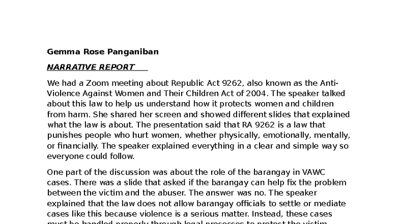 Law3B Narrative Report on RA 9262: Understanding Anti-Violence Law ...