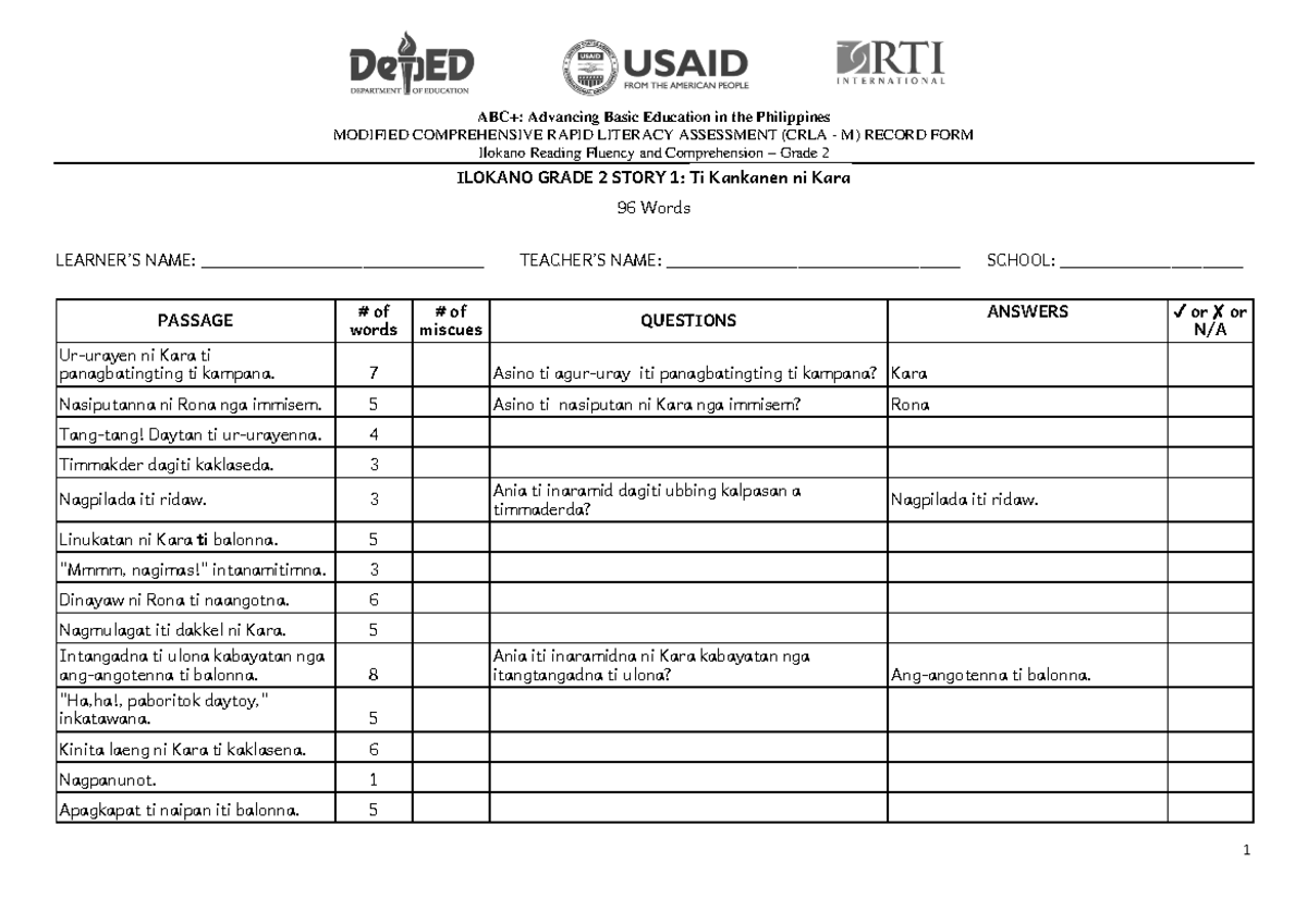 CRLA-M Record Form: Ilokano Reading Fluency & Comprehension - Grade 2 ...
