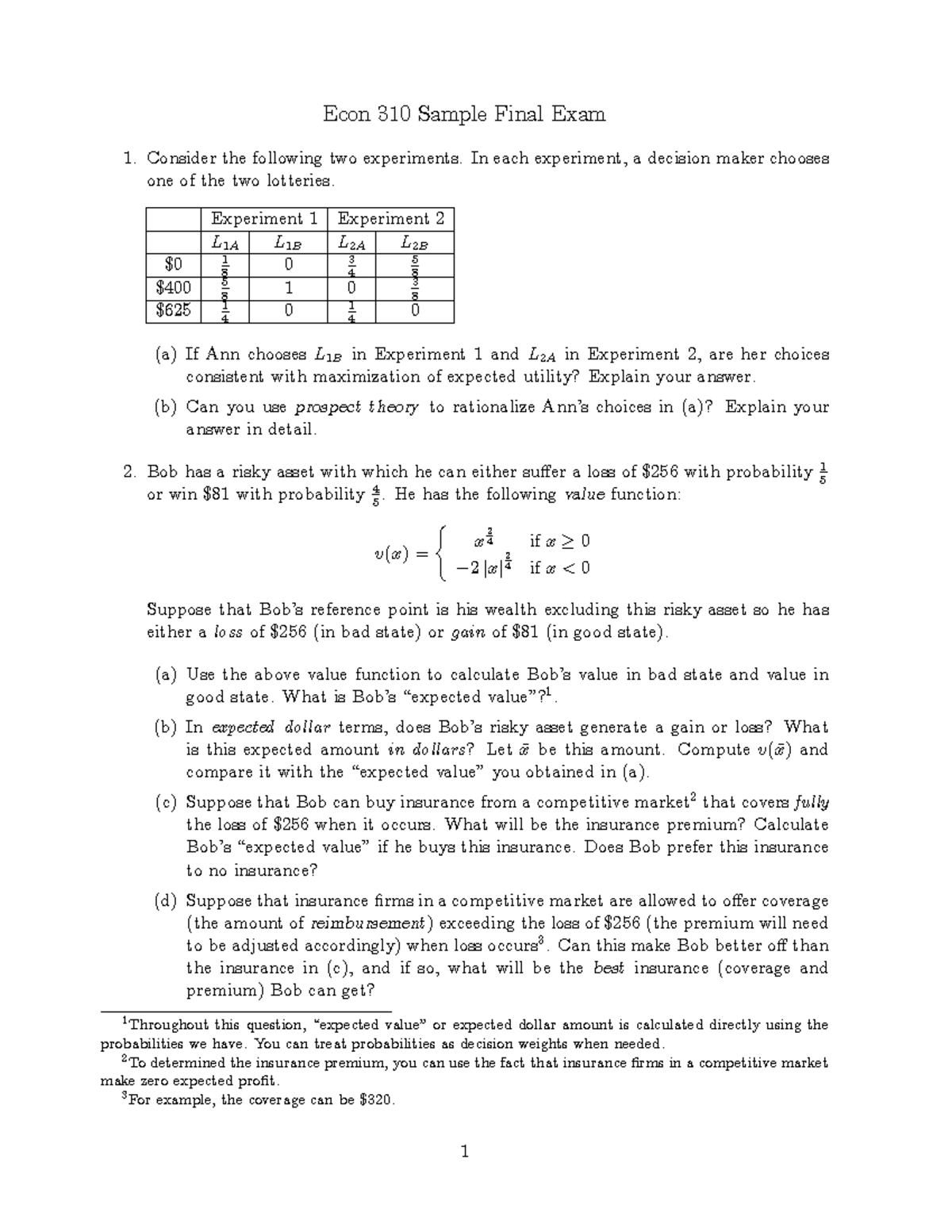 Econ 310 Sample Final Exam: Decision Making Under Risk - Studocu