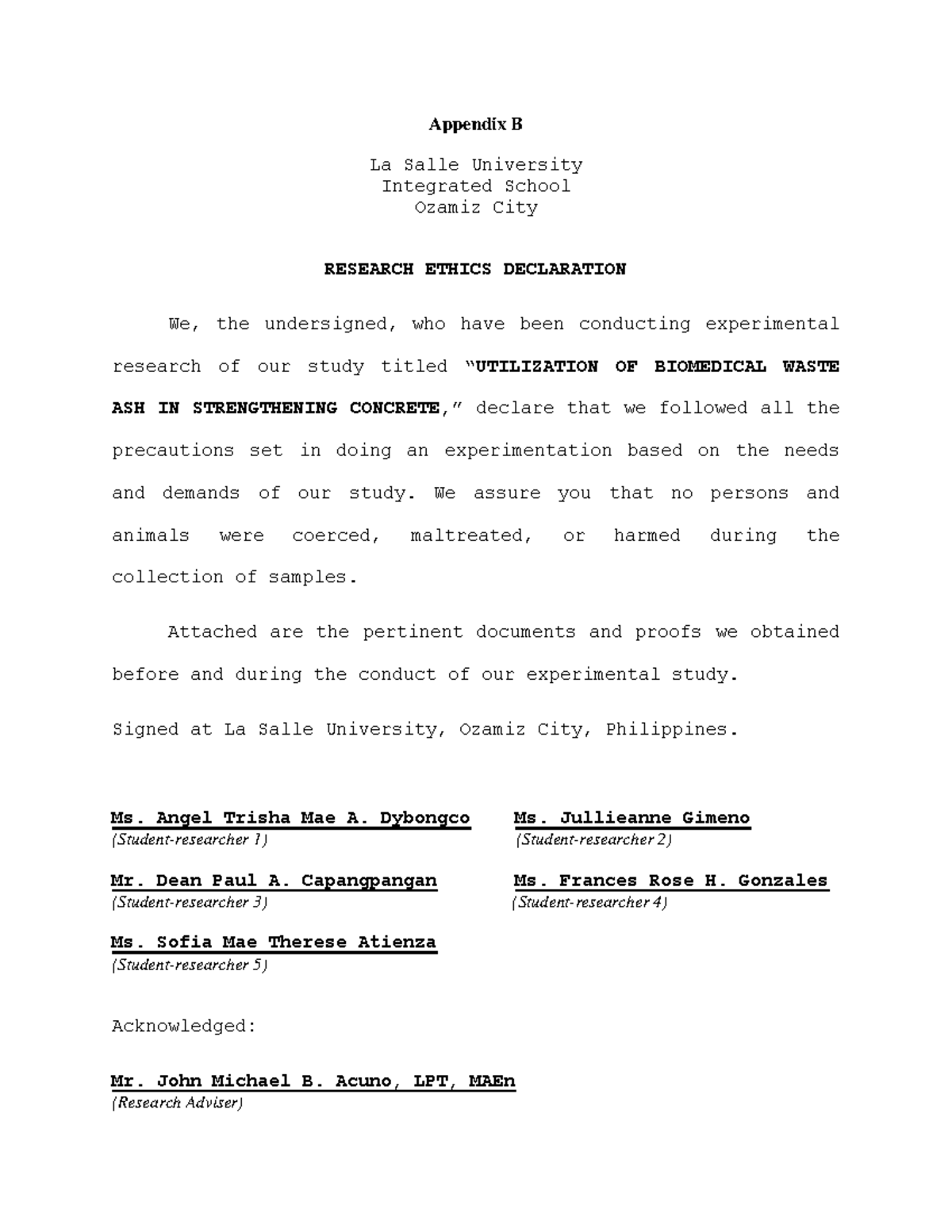 Appendices - yes yes - Appendix B La Salle University Integrated School ...
