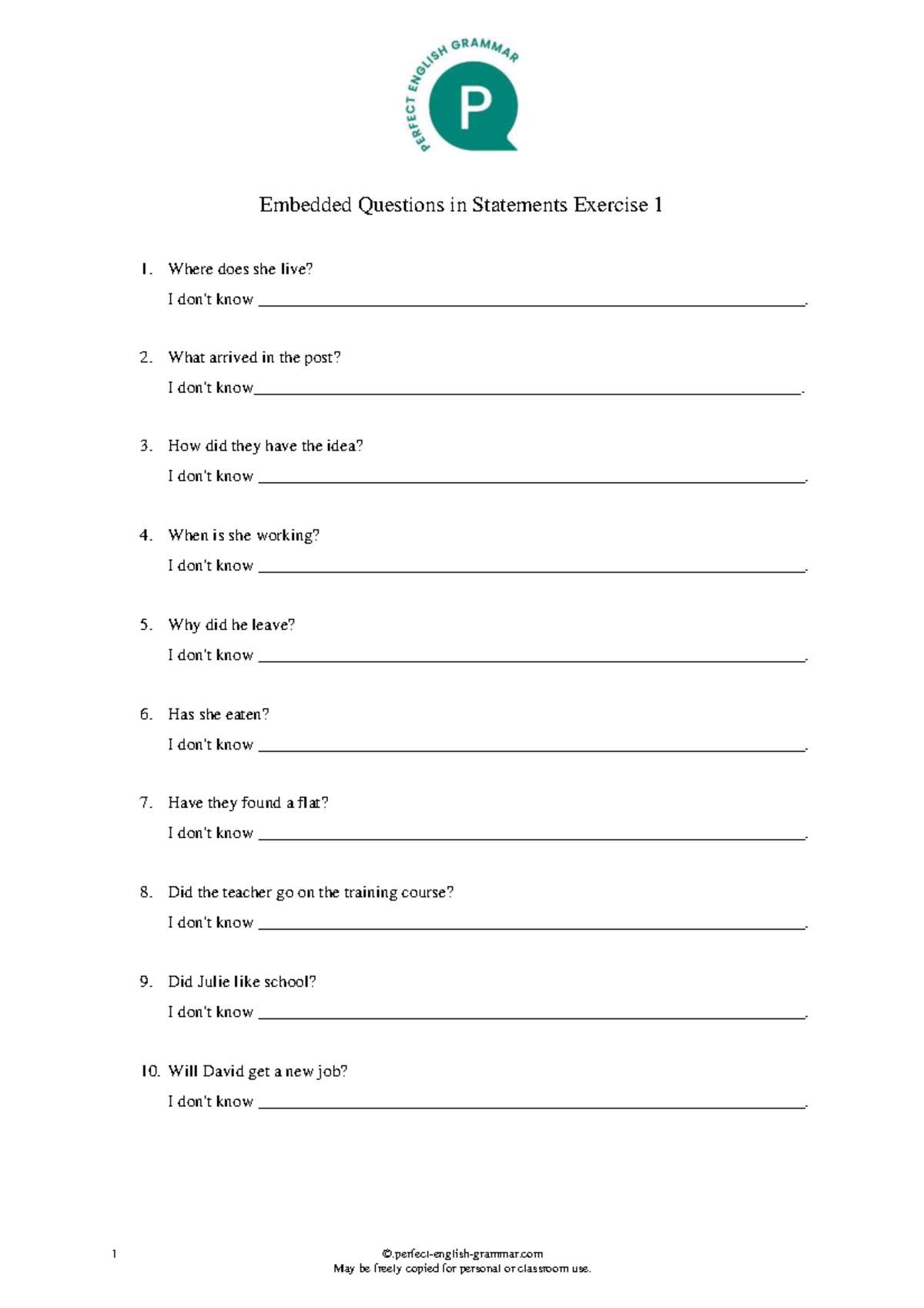 Embedded Questions in Statements Exercise 1 - Studocu