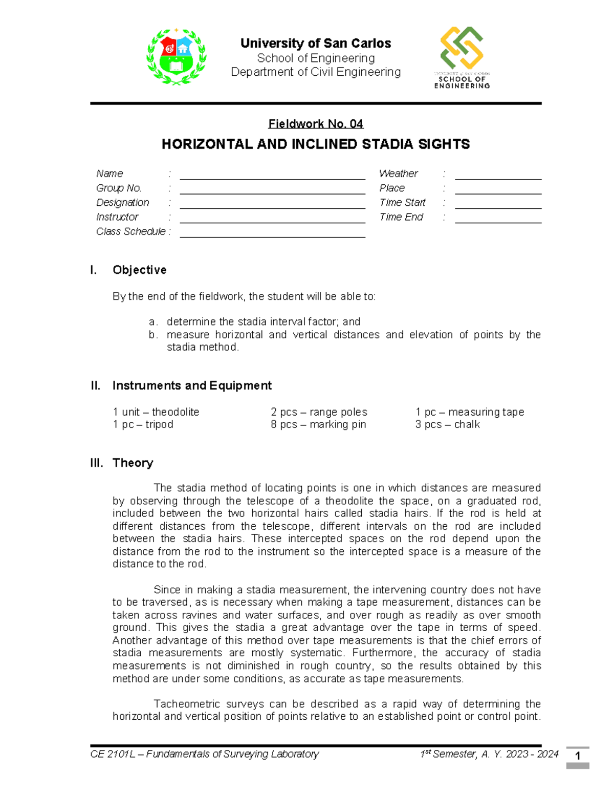 CE 2101L - Fieldwork 04: Horizontal & Inclined Stadia Measurements ...