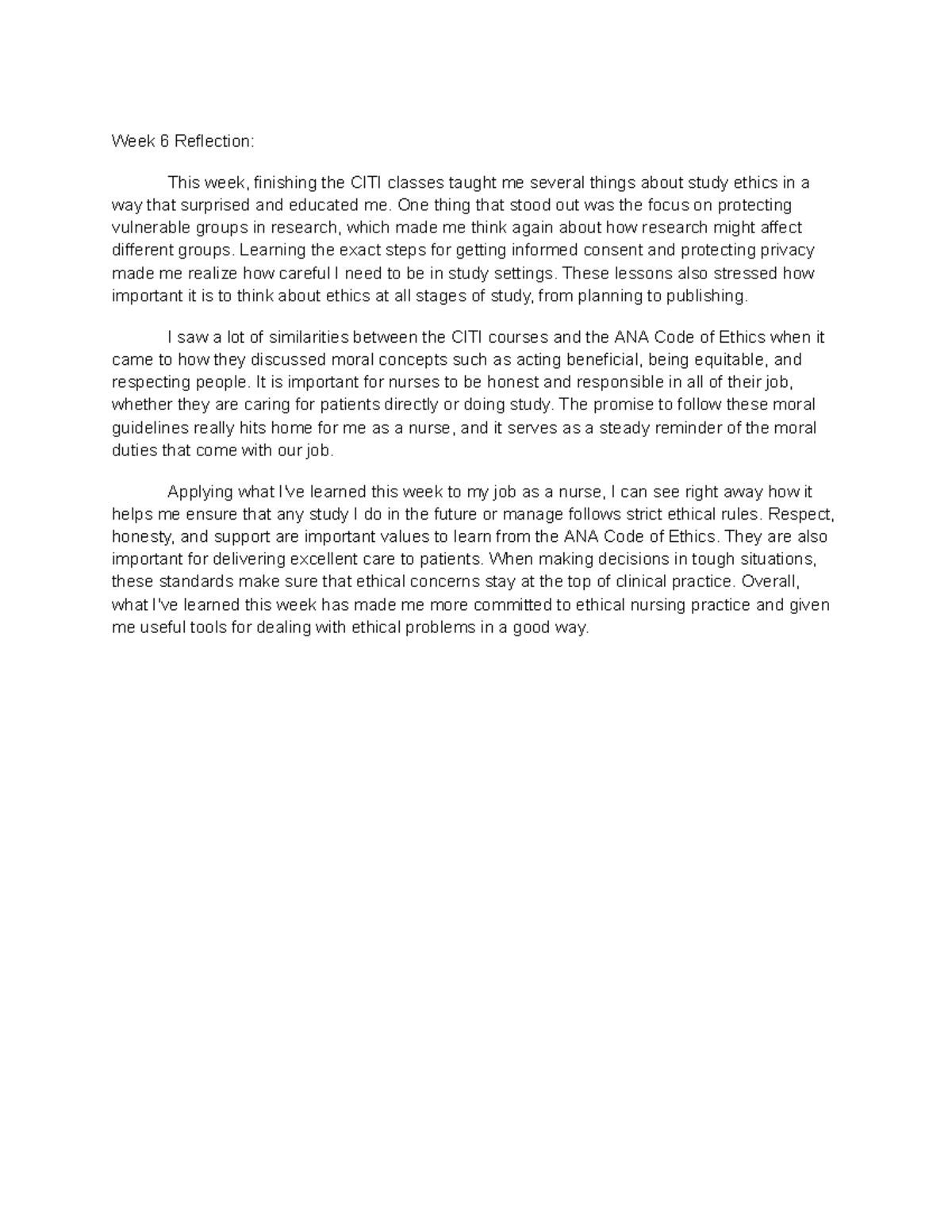 Advanc. Research Week 6 Reflection: Insights on Study Ethics - Studocu