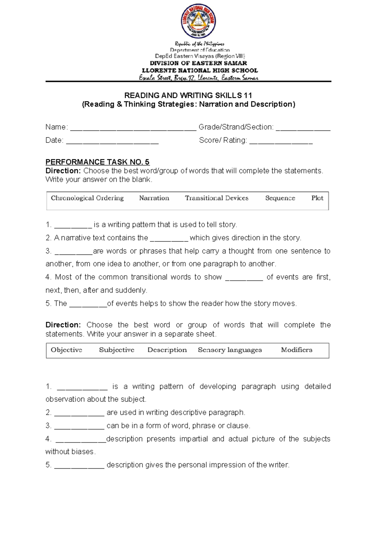 Performance Task in RWS 11: Reading Thinking Strategies - Studocu