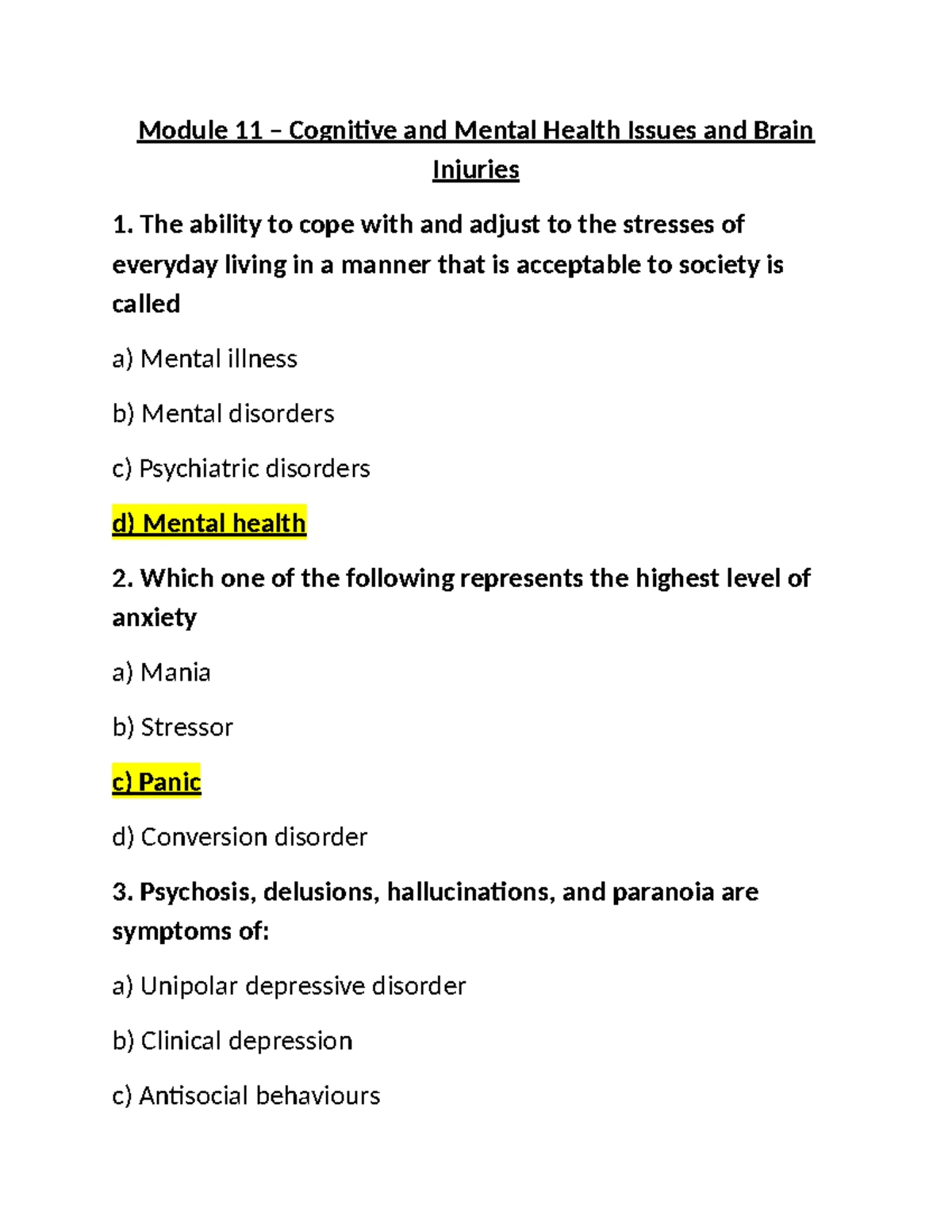 Test 2 Module 11 - Summary of Anxiety and Mental Health Disorders - Studocu