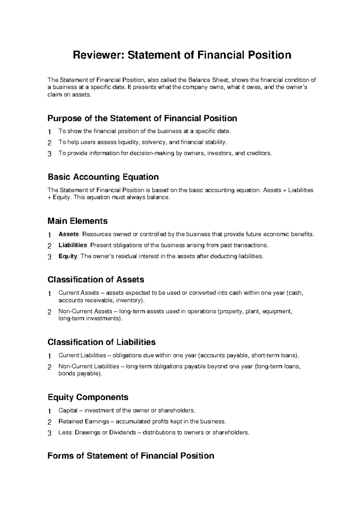 ACCT 101: Statement of Financial Position Overview and Analysis - Studocu
