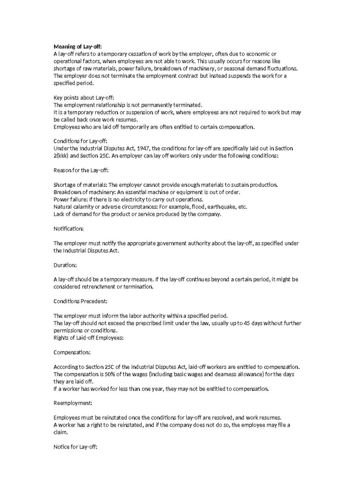 LAY OFF Procedures and Rights under the Industrial Disputes Act, 1947 ...